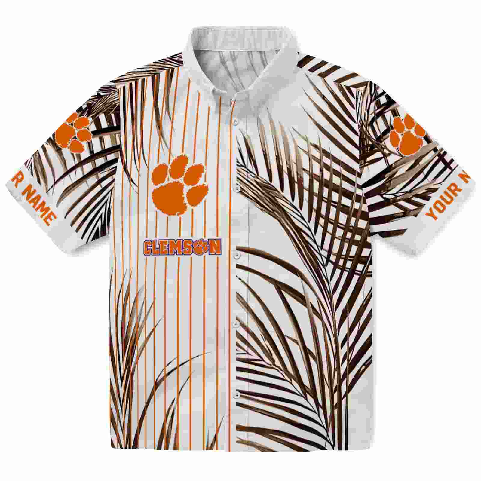 Clemson Tigers Palm Stripes Orange Black White Hawaiian Shirt