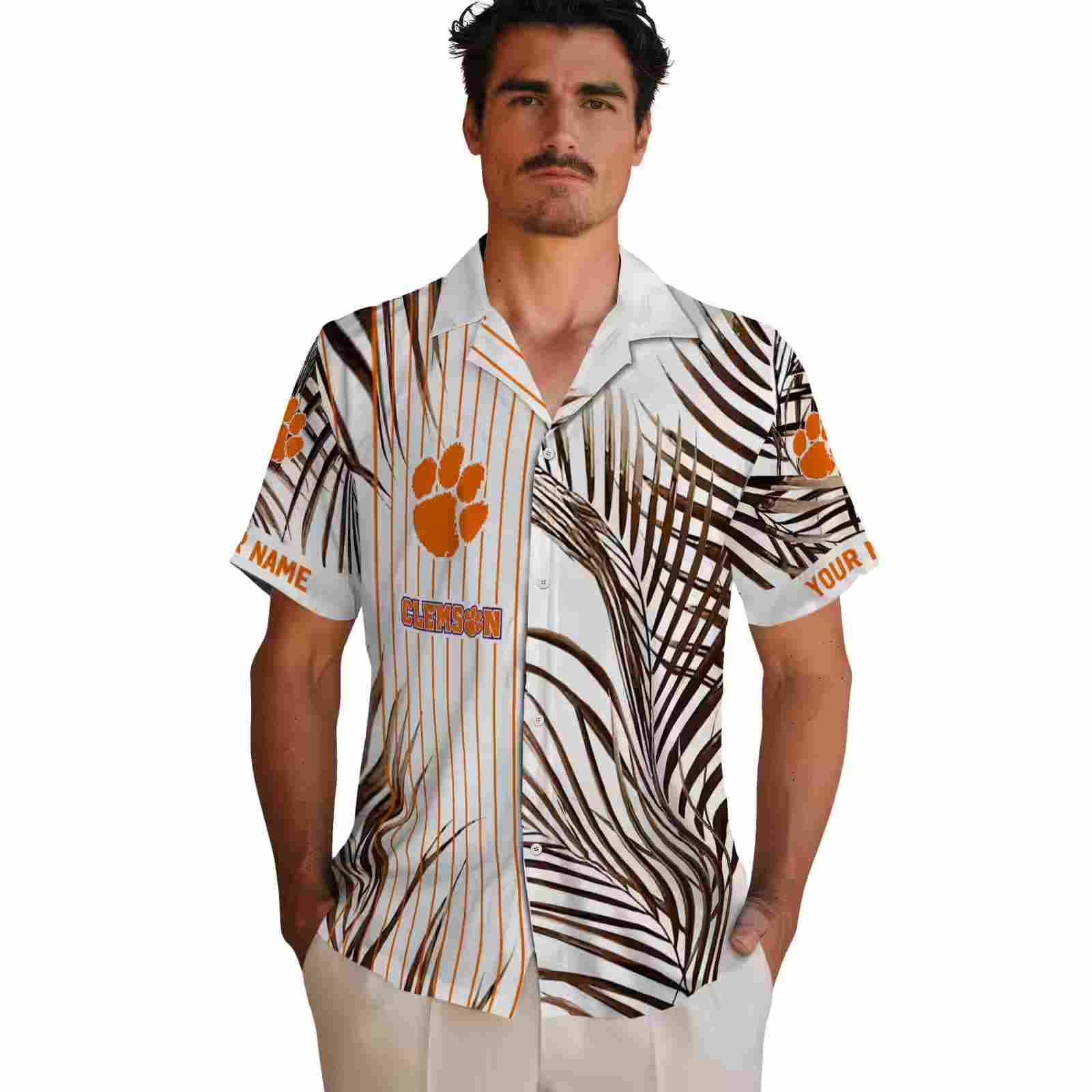 clemson tigers palm stripes orange black white hawaiian shirt fashion forward