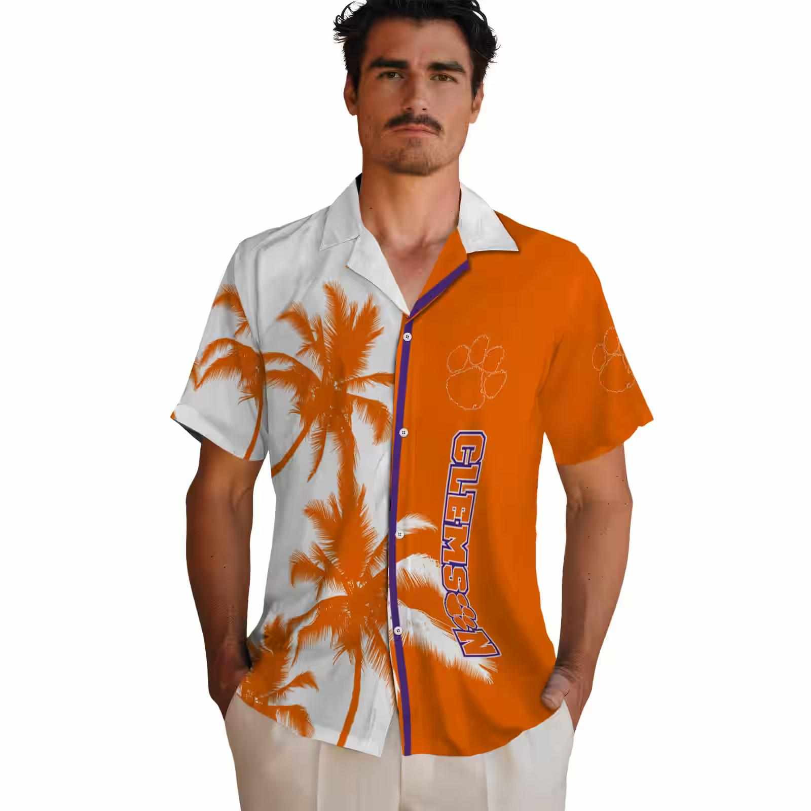 clemson tigers palm trees orange white hawaiian shirt fashion forward