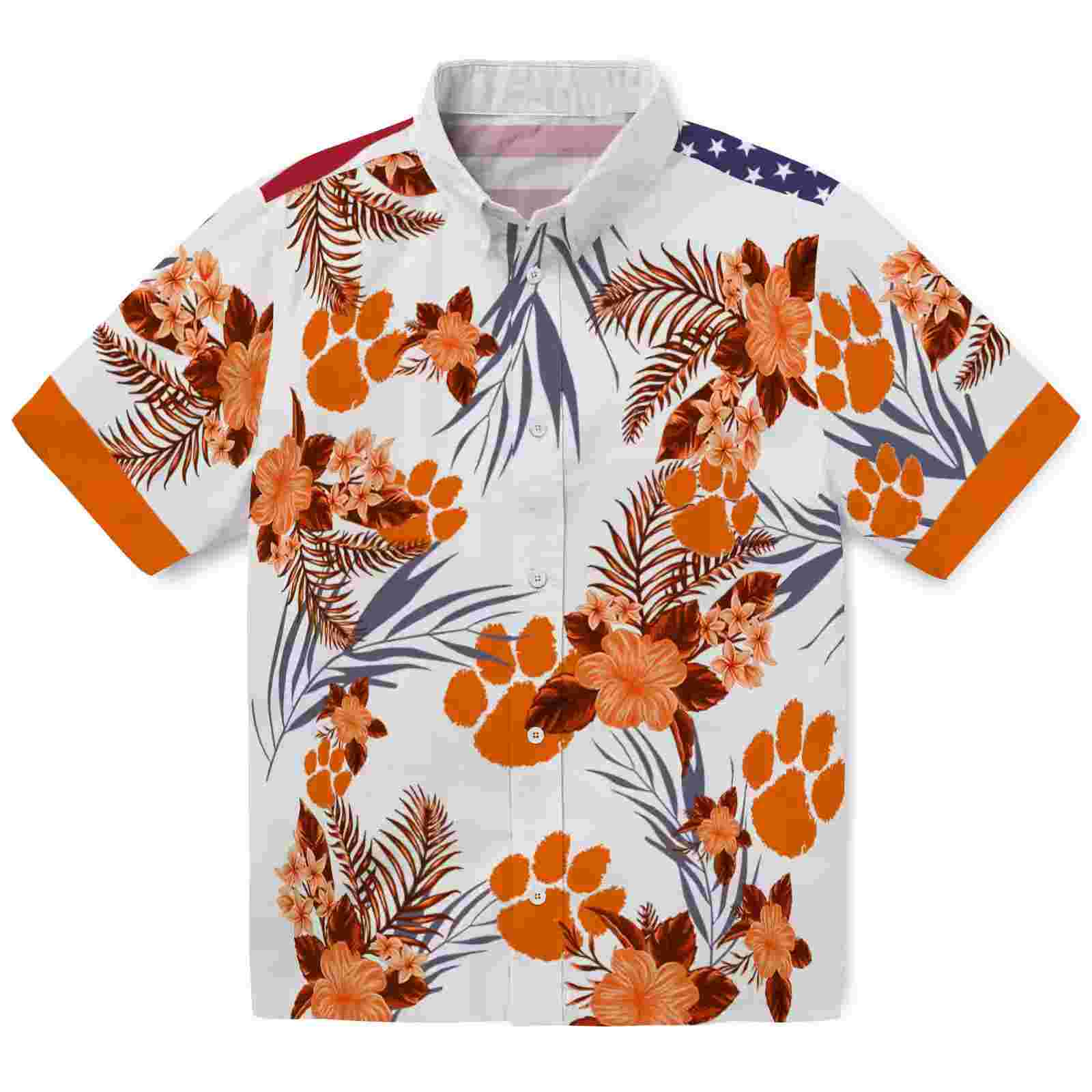 Clemson Tigers Patriotic Hibiscus Design Orange White Hawaiian Shirt