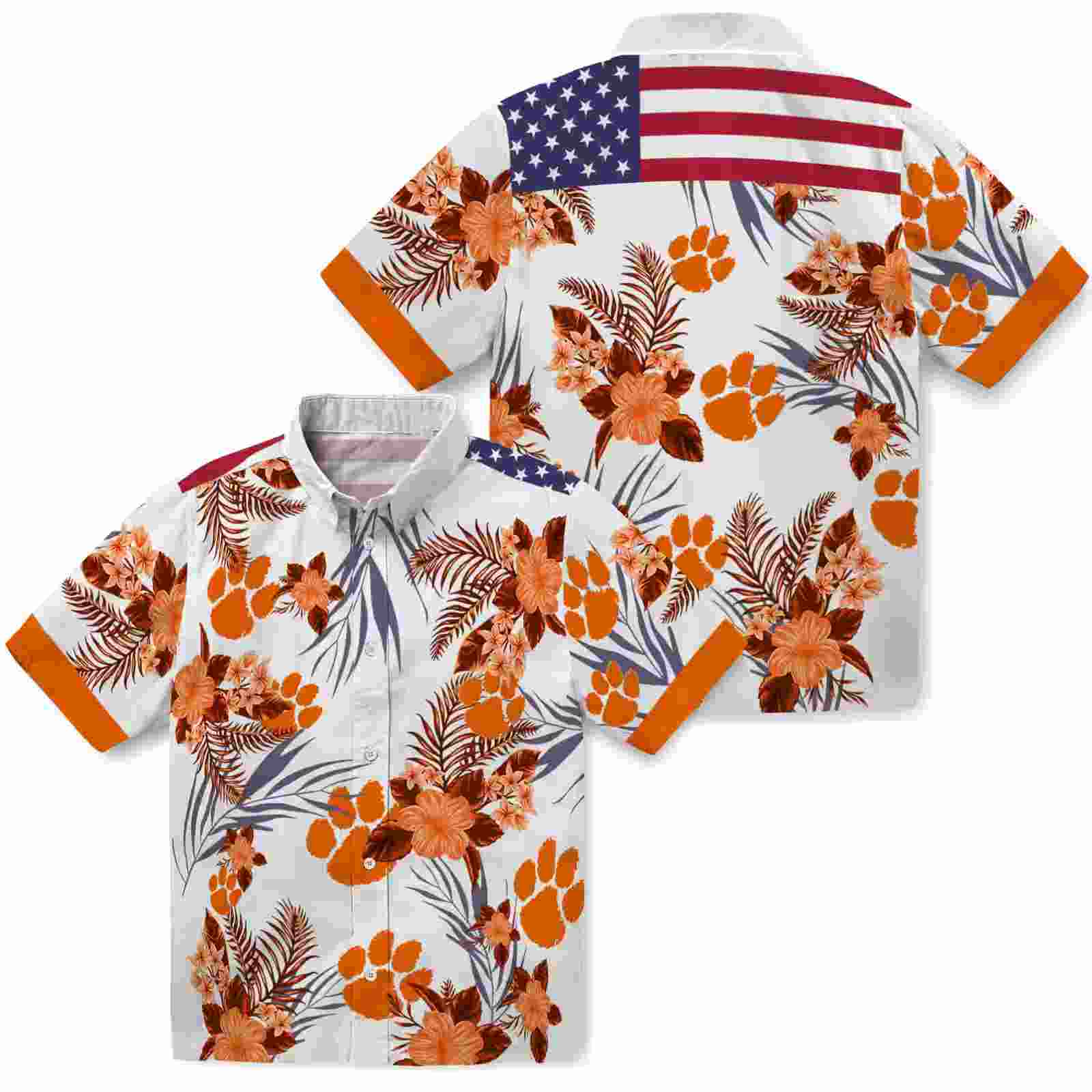 clemson tigers patriotic hibiscus design orange white hawaiian shirt high quality