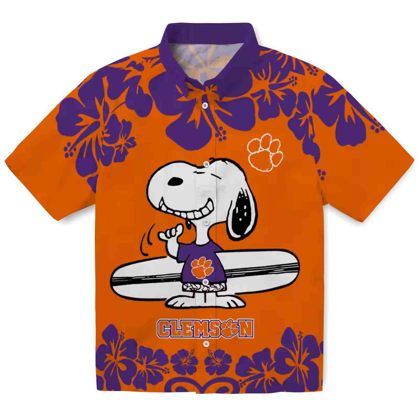 Clemson Tigers Snoopy Surf Orange White Hawaiian Shirt