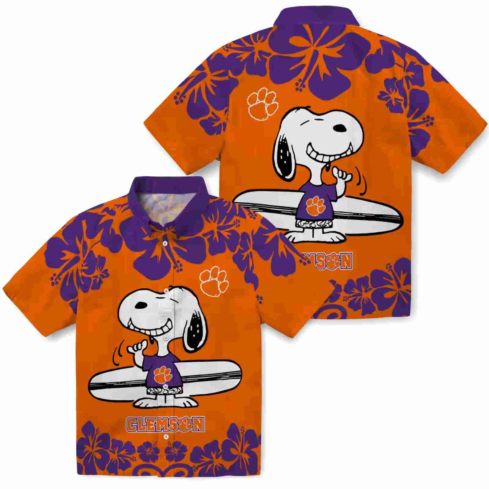 clemson tigers snoopy surf orange white hawaiian shirt high quality