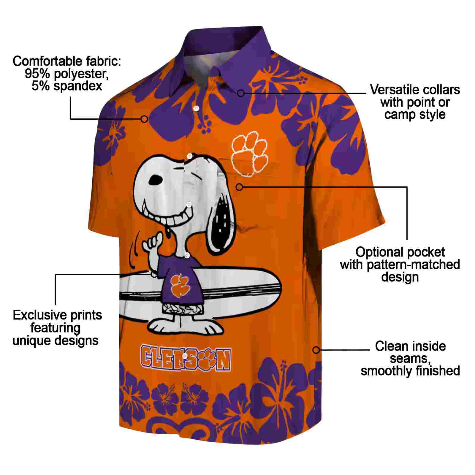 clemson tigers snoopy surf orange white hawaiian shirt new arrival