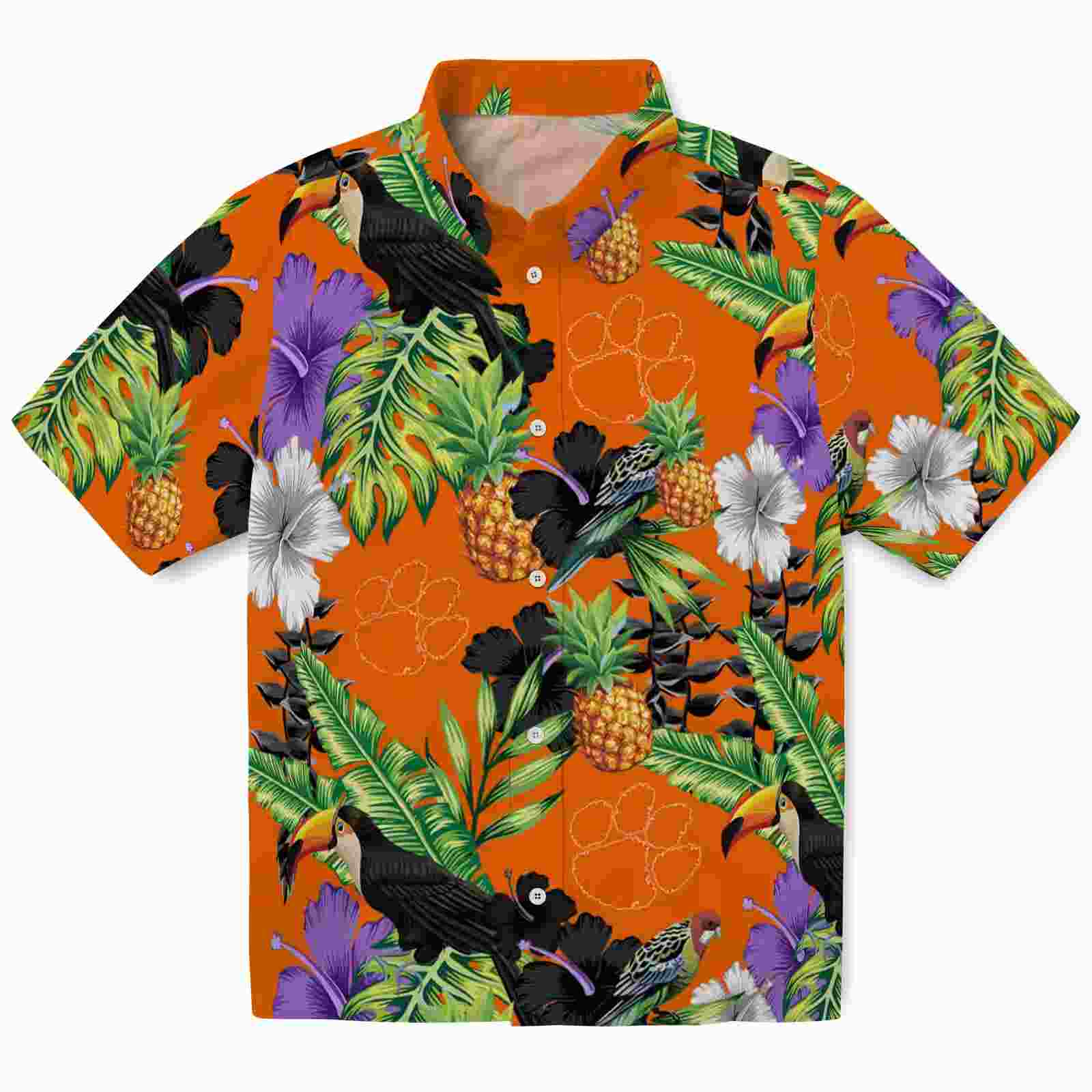 Clemson Tigers Toucan Hibiscus Pineapple Orange Green Hawaiian Shirt