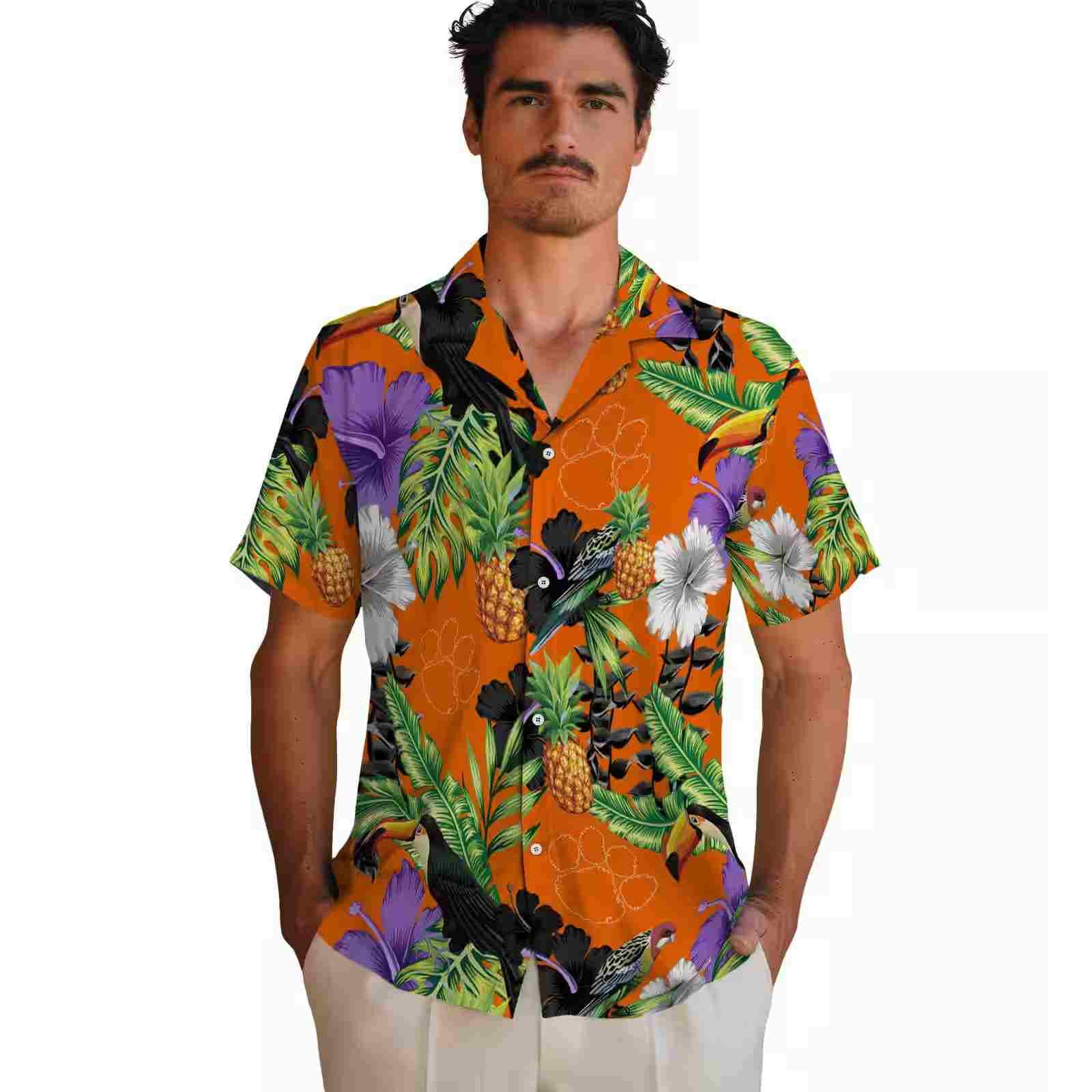 clemson tigers toucan hibiscus pineapple orange green hawaiian shirt fashion forward