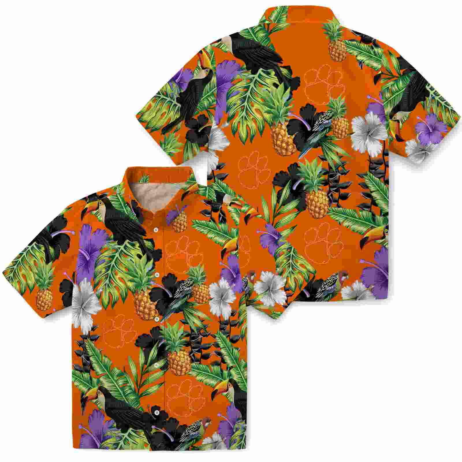 clemson tigers toucan hibiscus pineapple orange green hawaiian shirt high quality