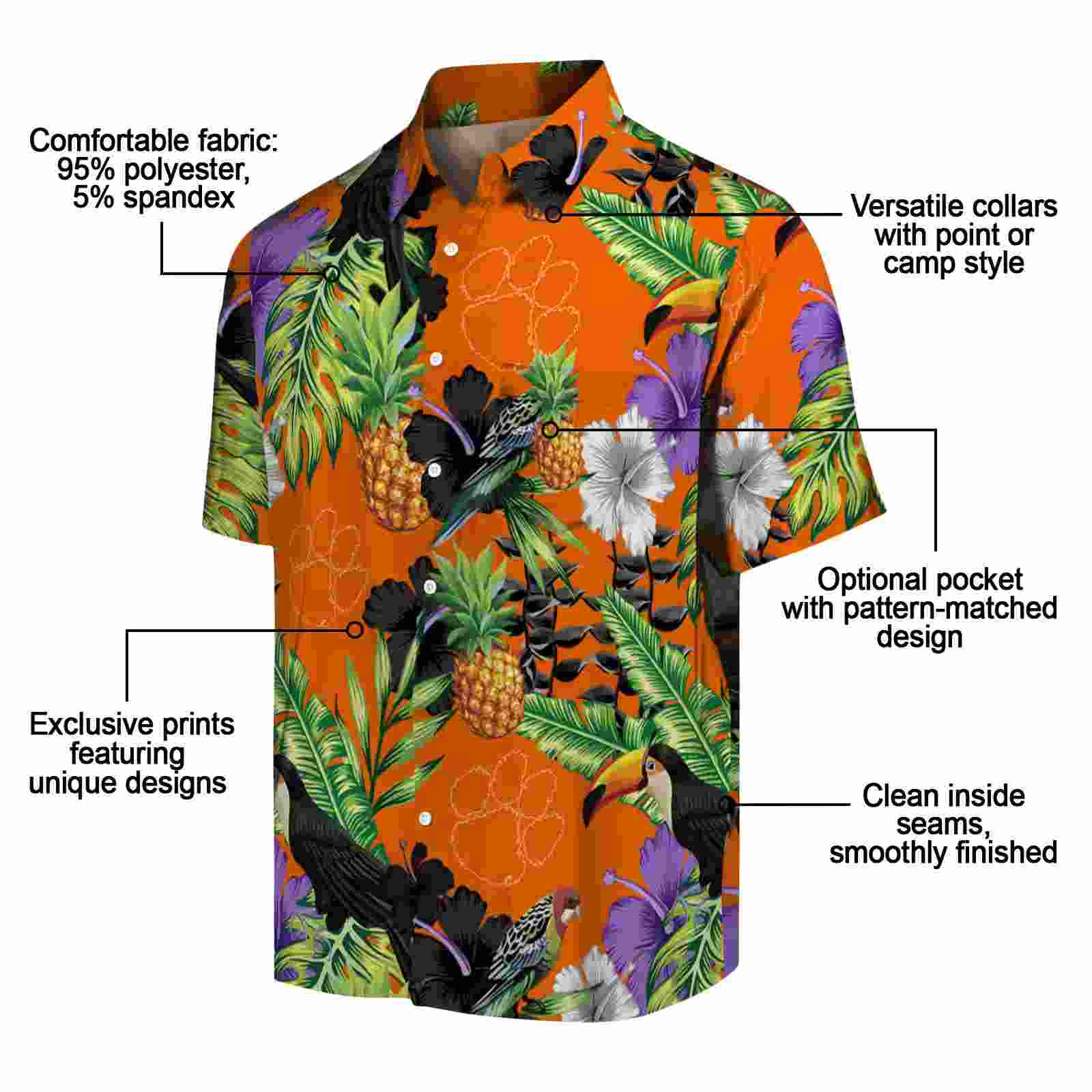 clemson tigers toucan hibiscus pineapple orange green hawaiian shirt new arrival