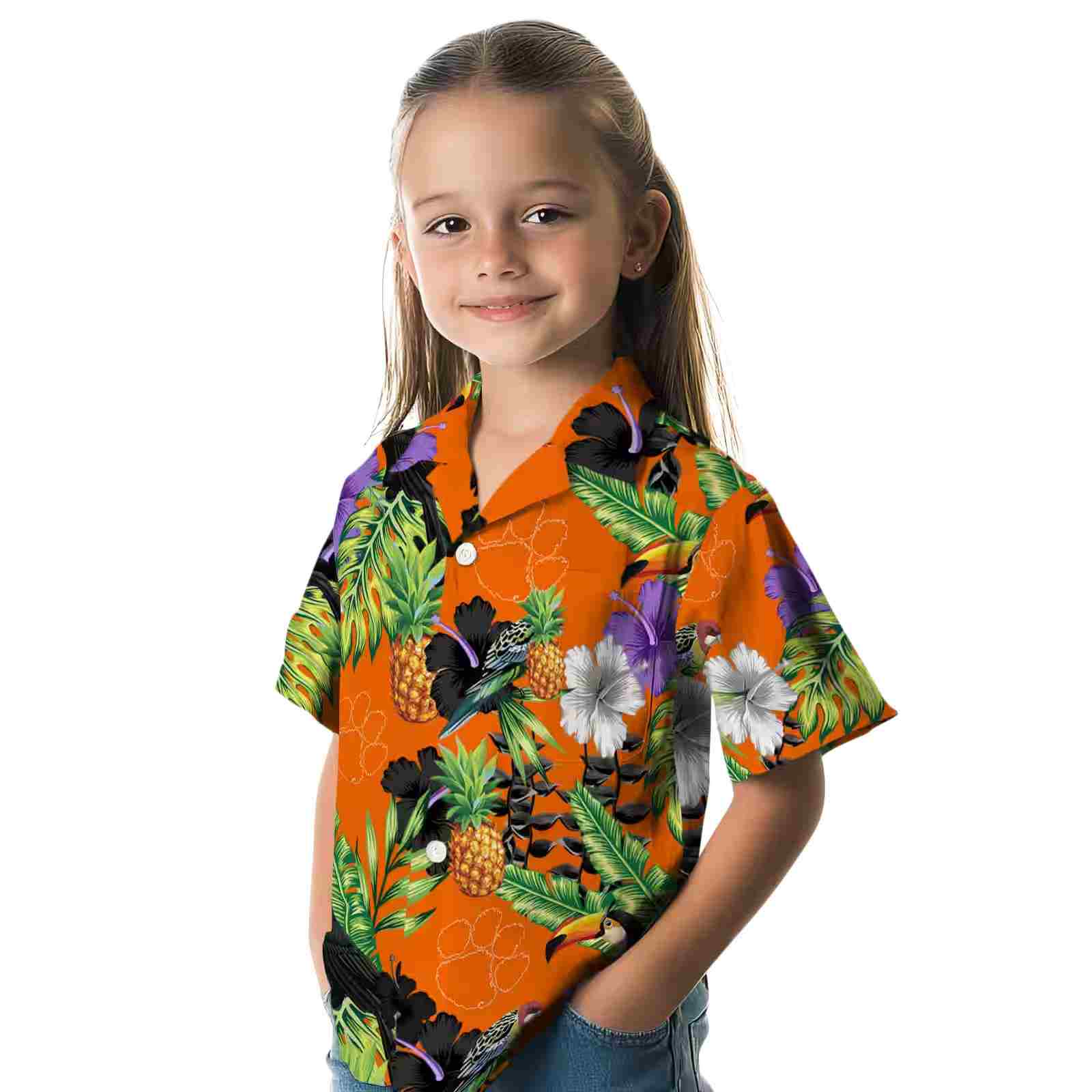 clemson tigers toucan hibiscus pineapple orange green hawaiian shirt premium grade