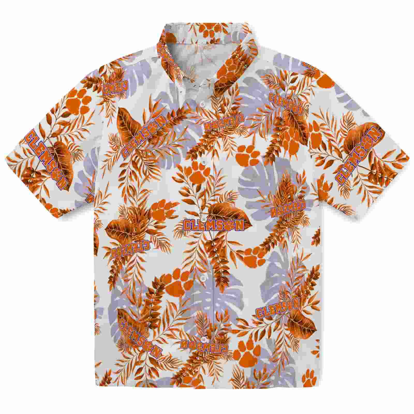 Clemson Tigers Tropical Leaves Orange White Hawaiian Shirt