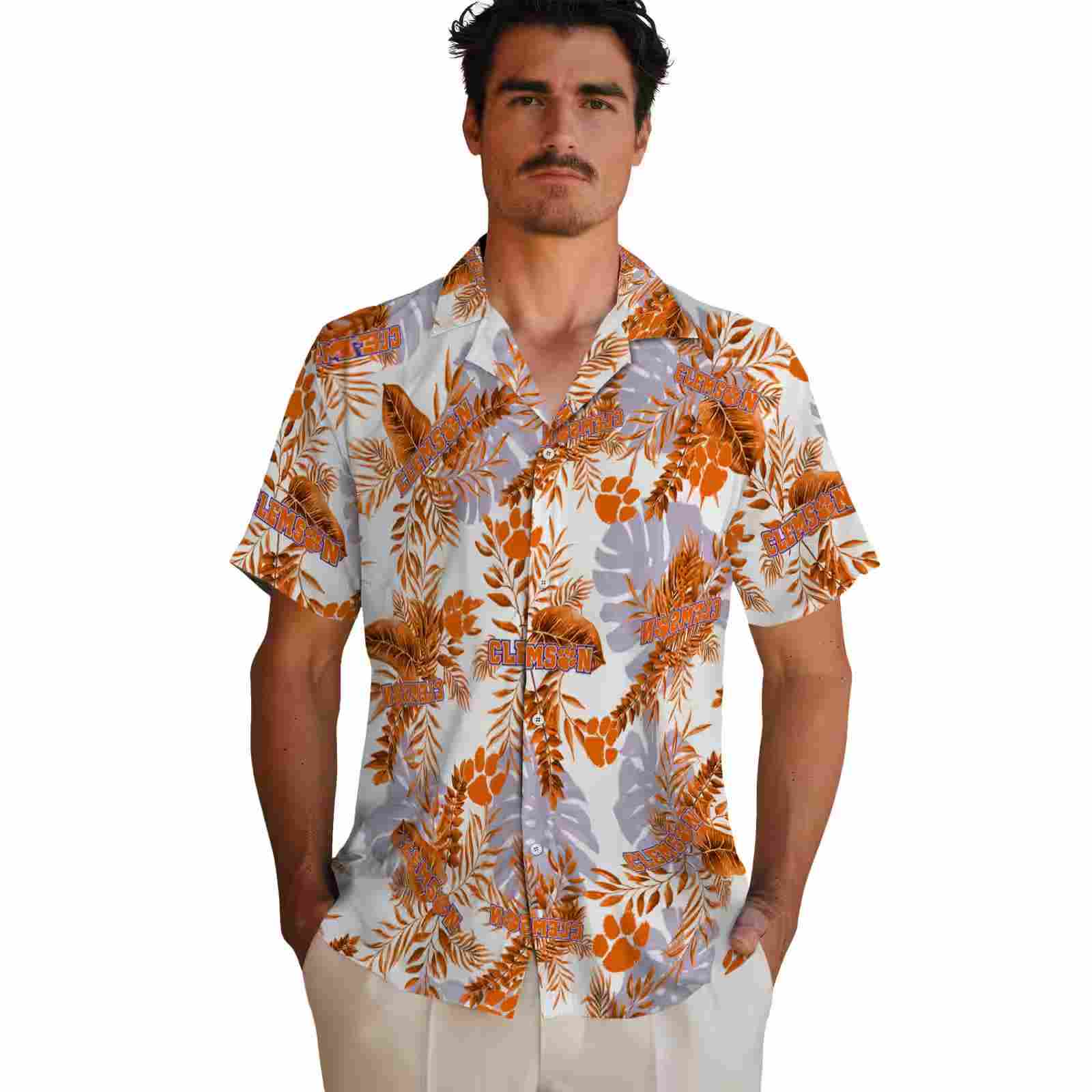 clemson tigers tropical leaves orange white hawaiian shirt fashion forward