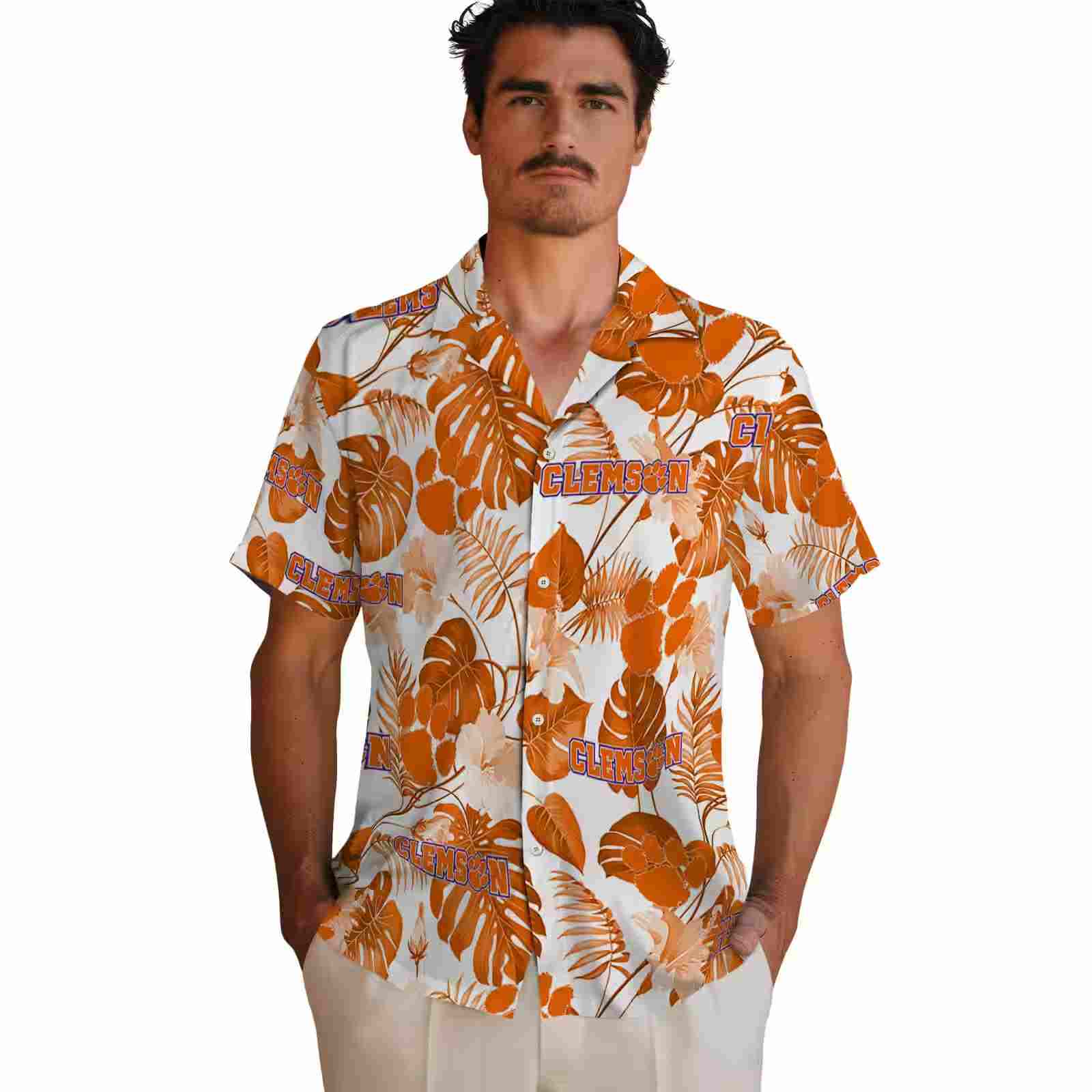 clemson tigers tropical plants orange white hawaiian shirt fashion forward