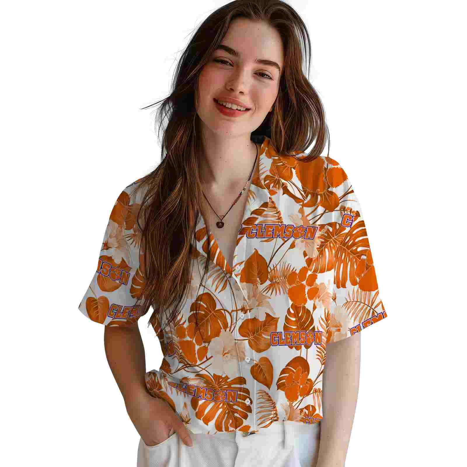 clemson tigers tropical plants orange white hawaiian shirt latest model