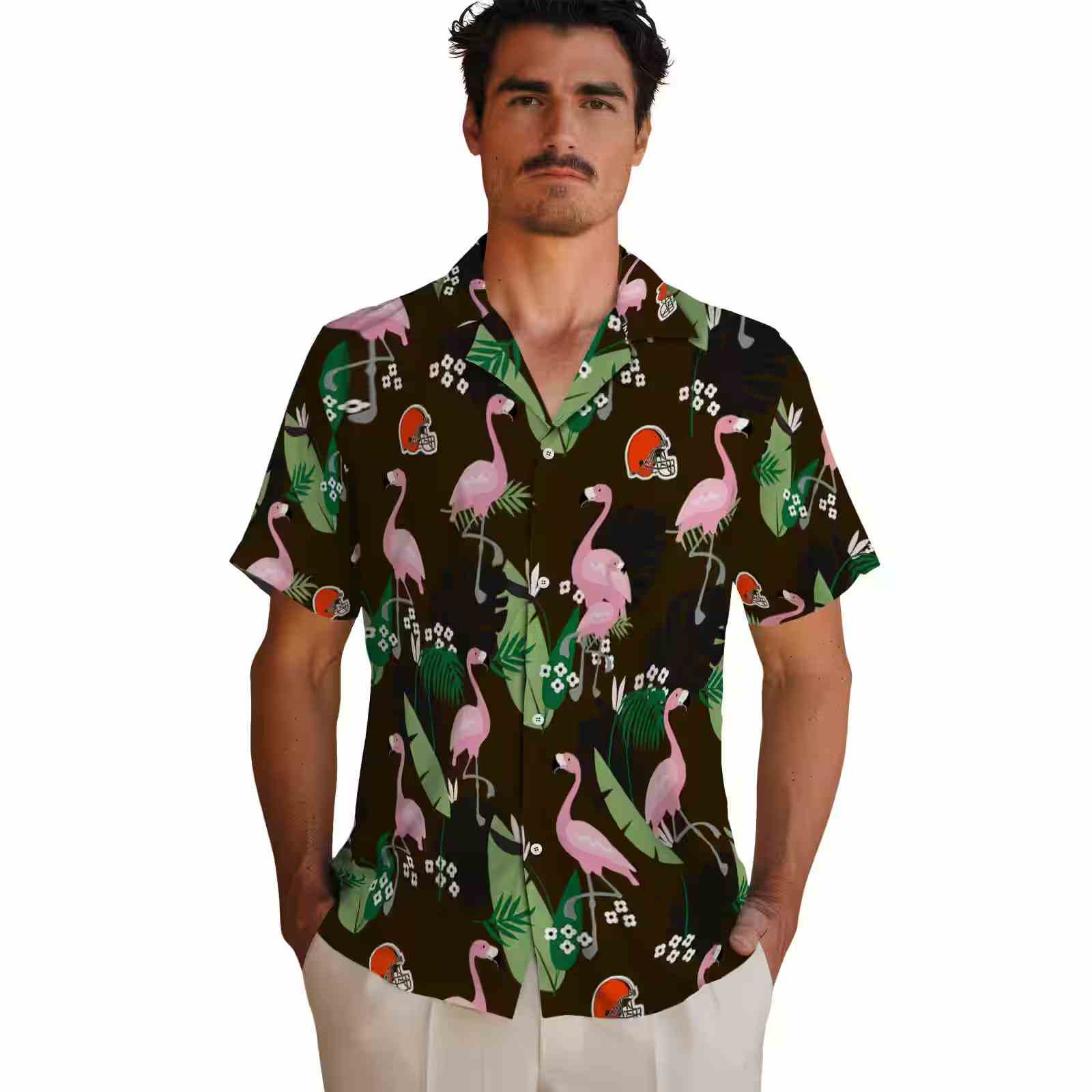 cleveland browns flamingo leaf motif brown hawaiian shirt fashion forward