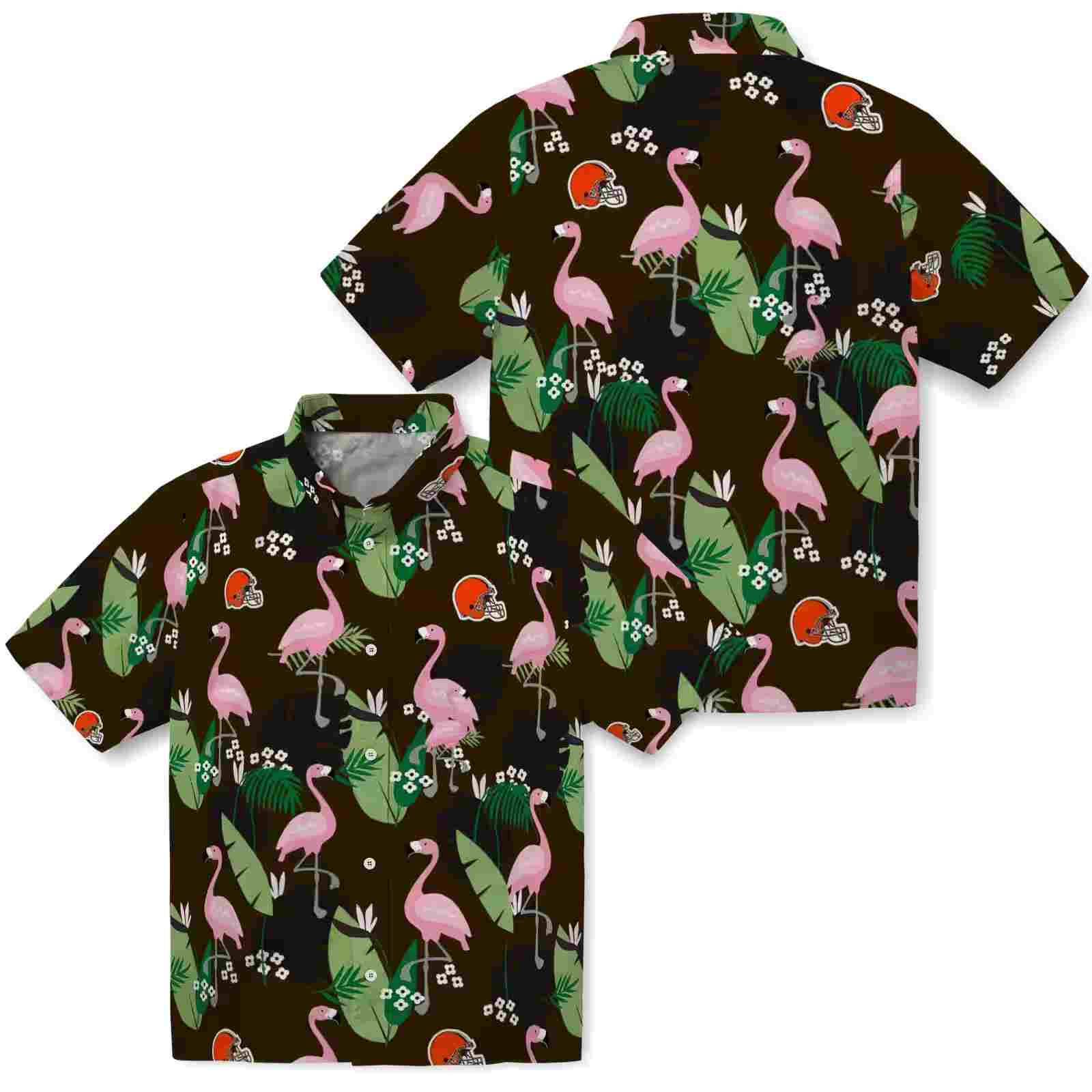 cleveland browns flamingo leaf motif brown hawaiian shirt high quality