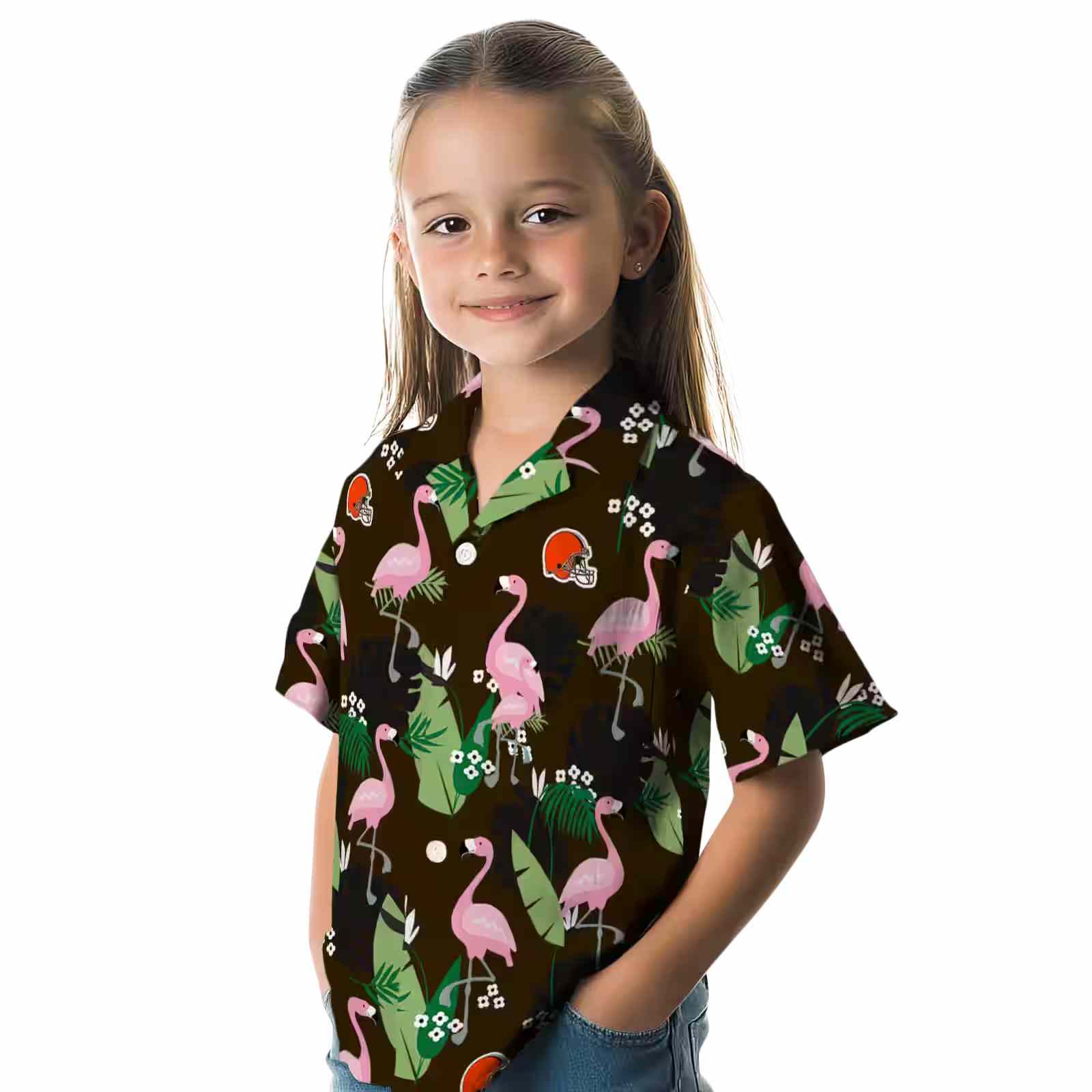 cleveland browns flamingo leaf motif brown hawaiian shirt premium grade