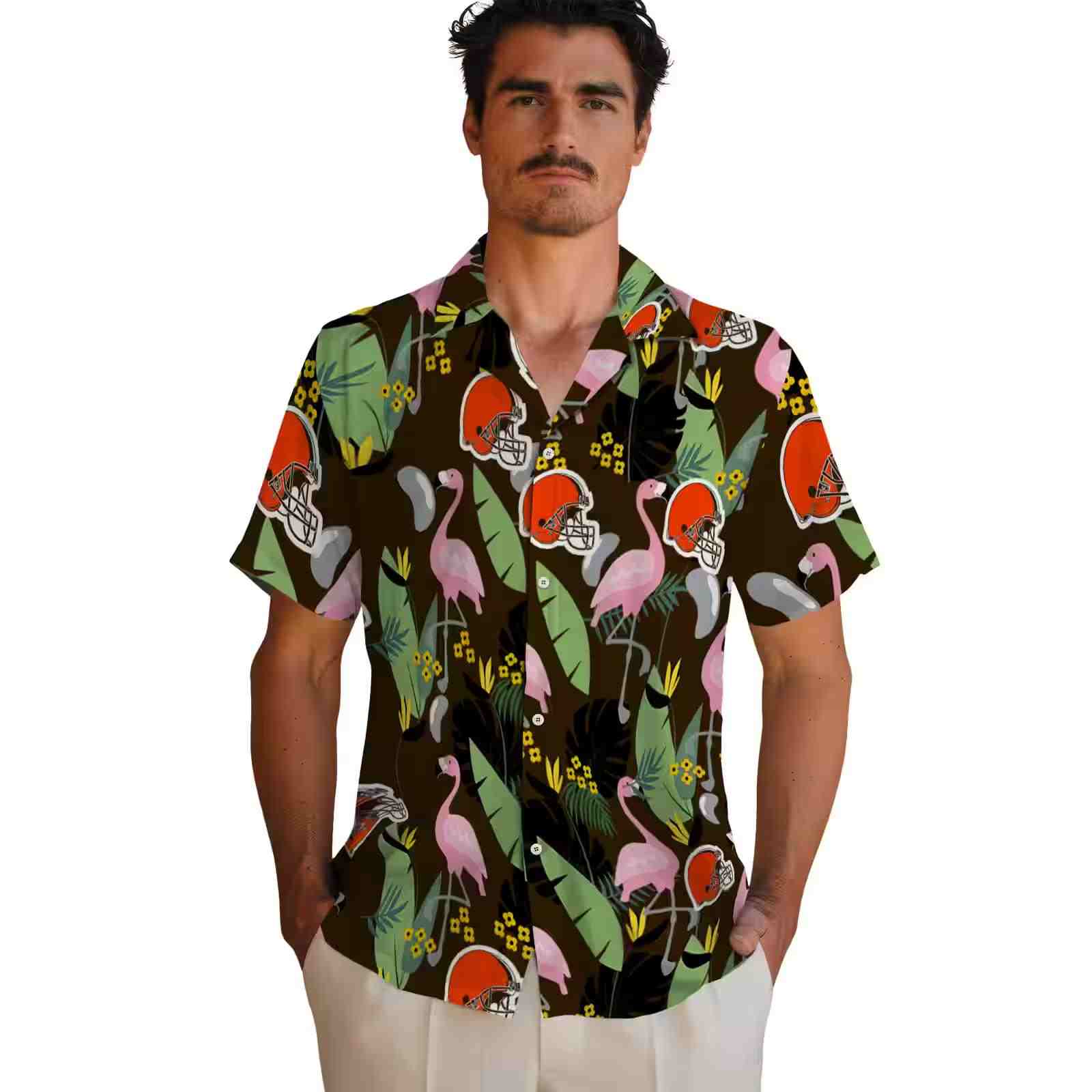 cleveland browns flamingo leaves brown hawaiian shirt fashion forward