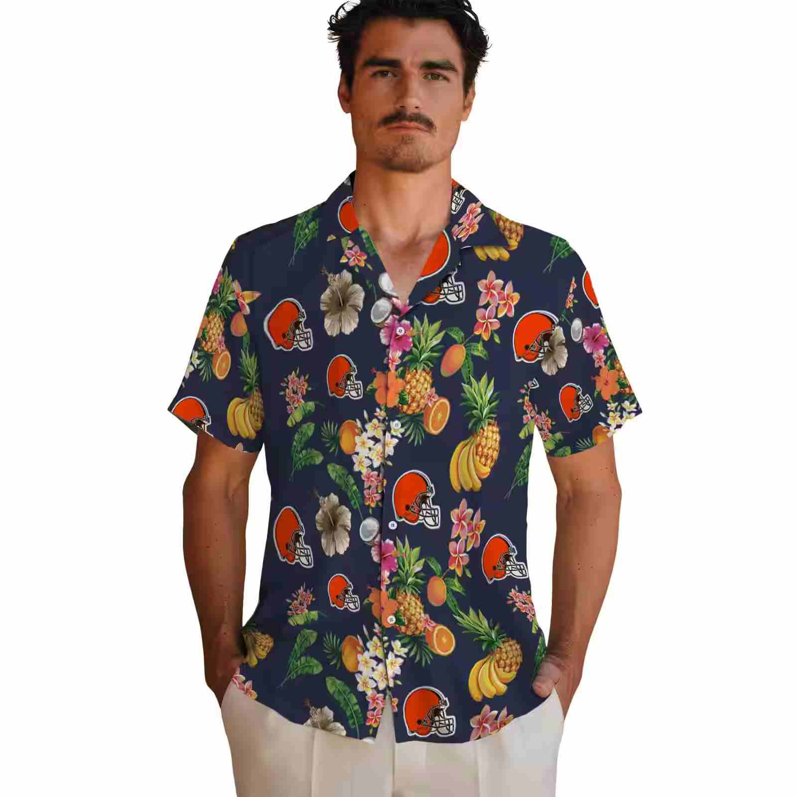 cleveland browns hibiscus and fruit navy blue hawaiian shirt fashion forward