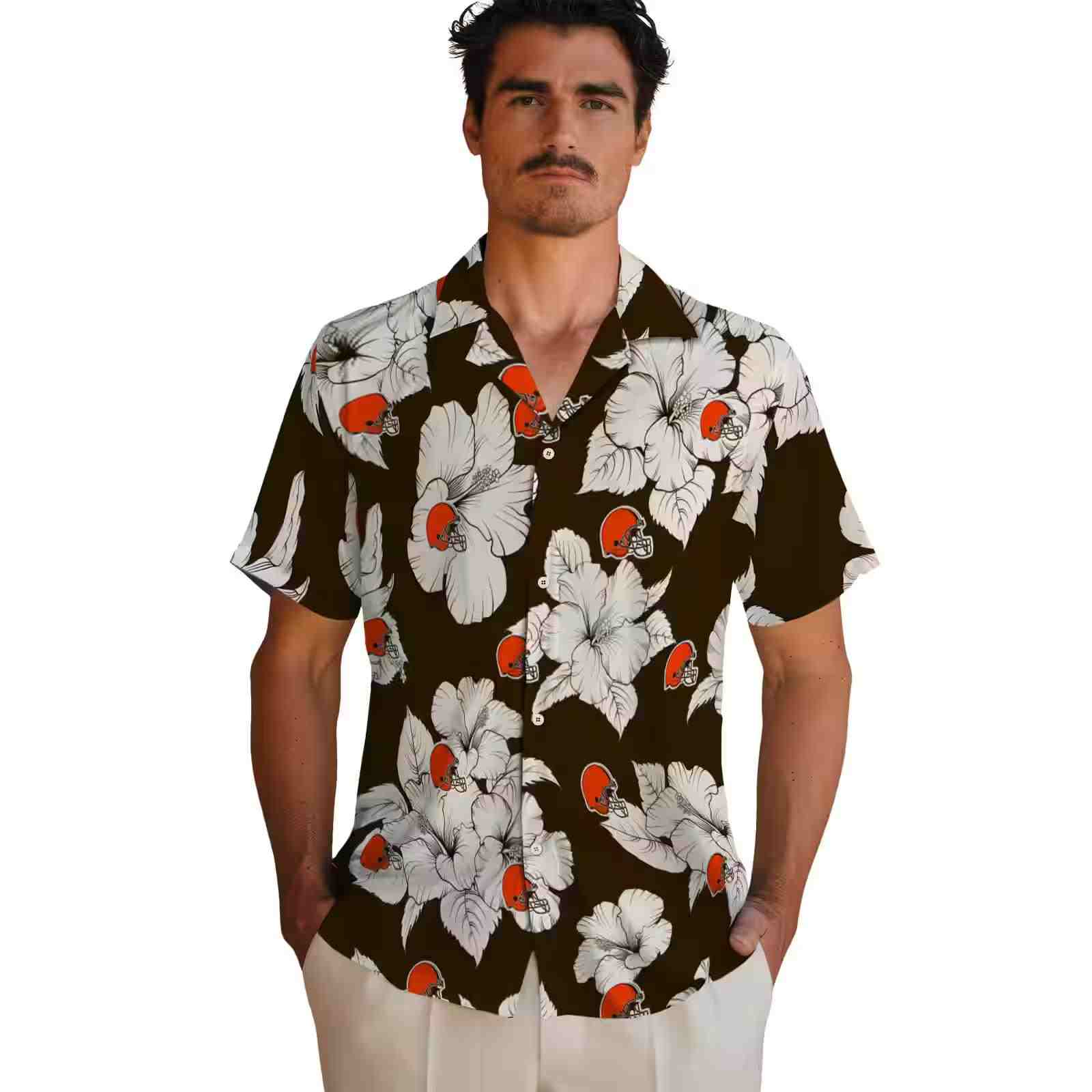 cleveland browns hibiscus blooms brown white hawaiian shirt fashion forward