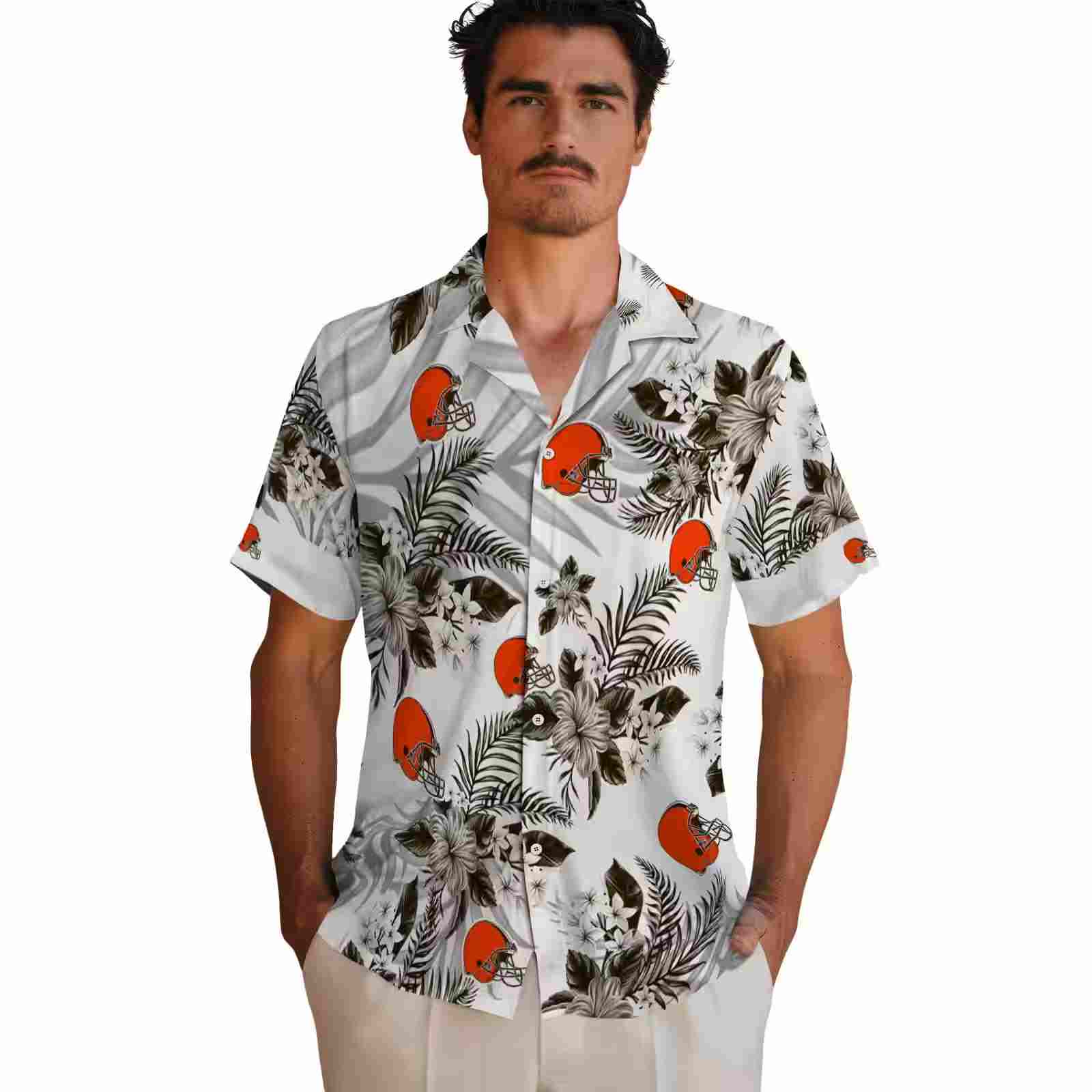 cleveland browns hibiscus palm leaves brown white hawaiian shirt fashion forward