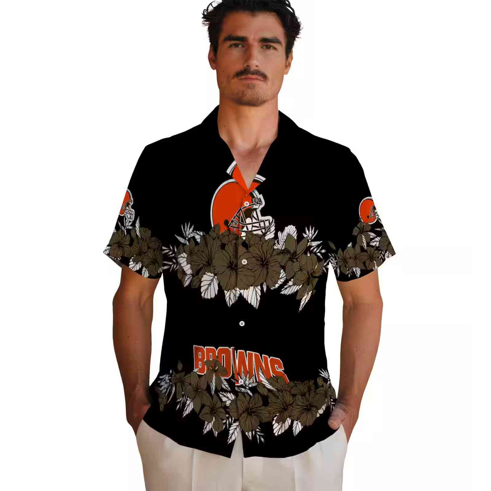 cleveland browns hibiscus stripe brown black hawaiian shirt fashion forward