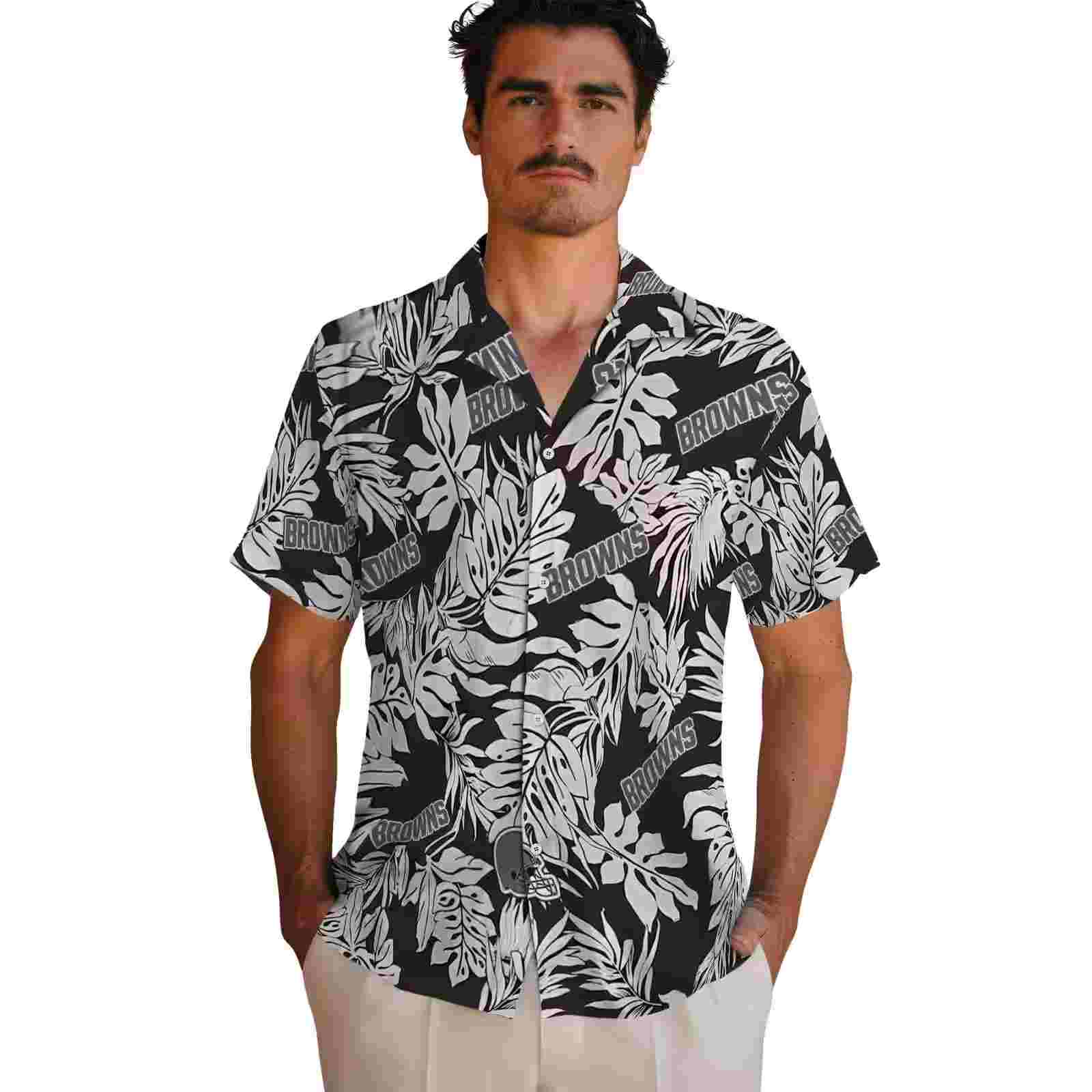 cleveland browns monstera leaf pattern black hawaiian shirt fashion forward