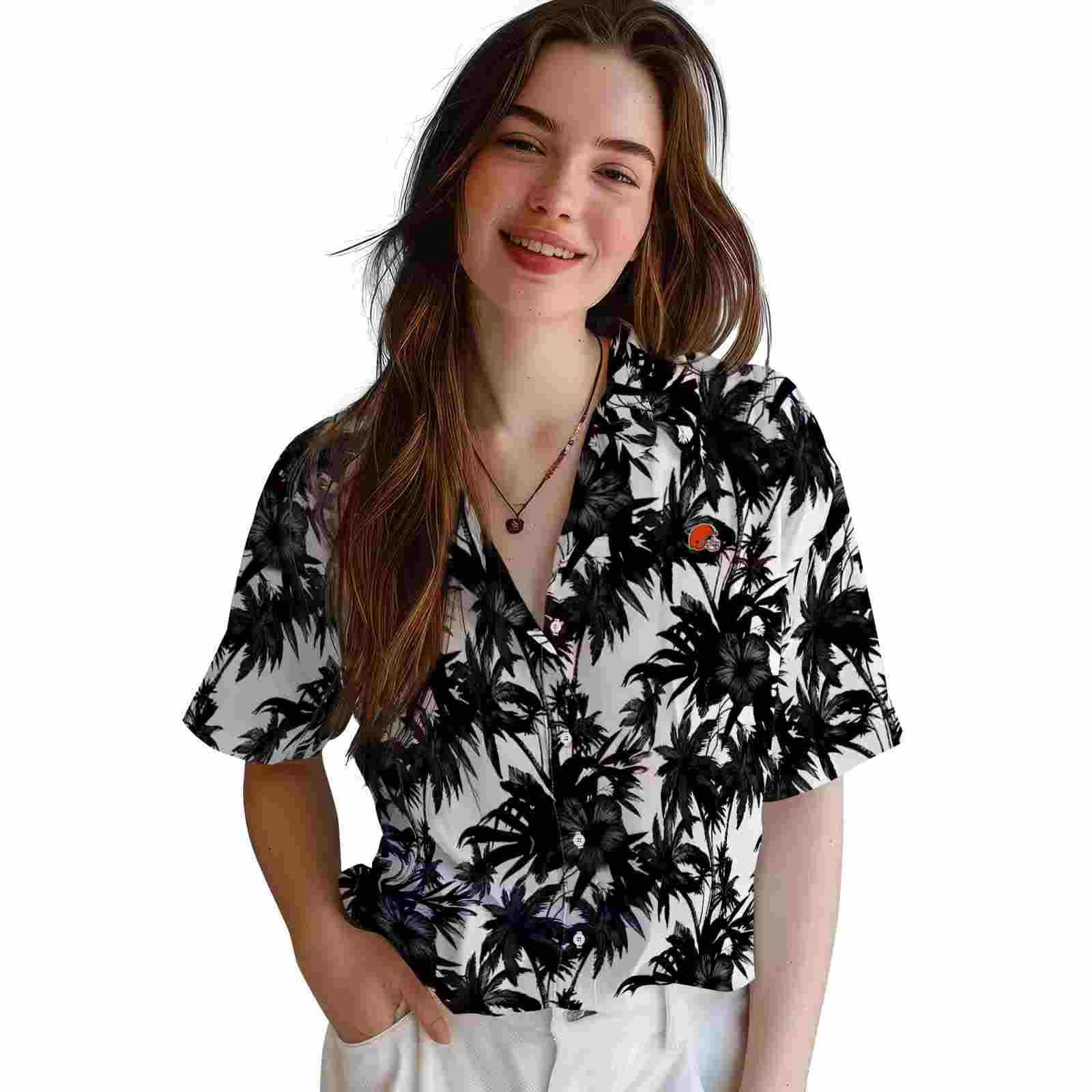 cleveland browns palm motifs black white hawaiian shirt latest model