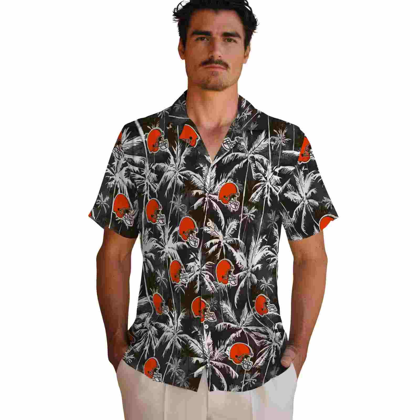 cleveland browns palm pattern brown black hawaiian shirt fashion forward