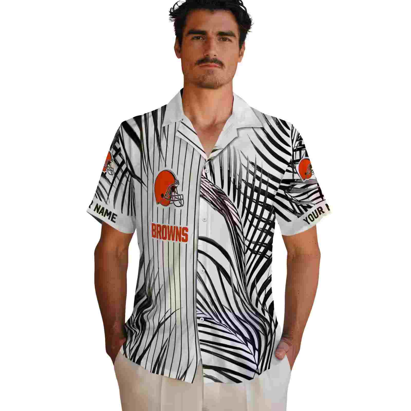 cleveland browns palm stripes brown black white hawaiian shirt fashion forward