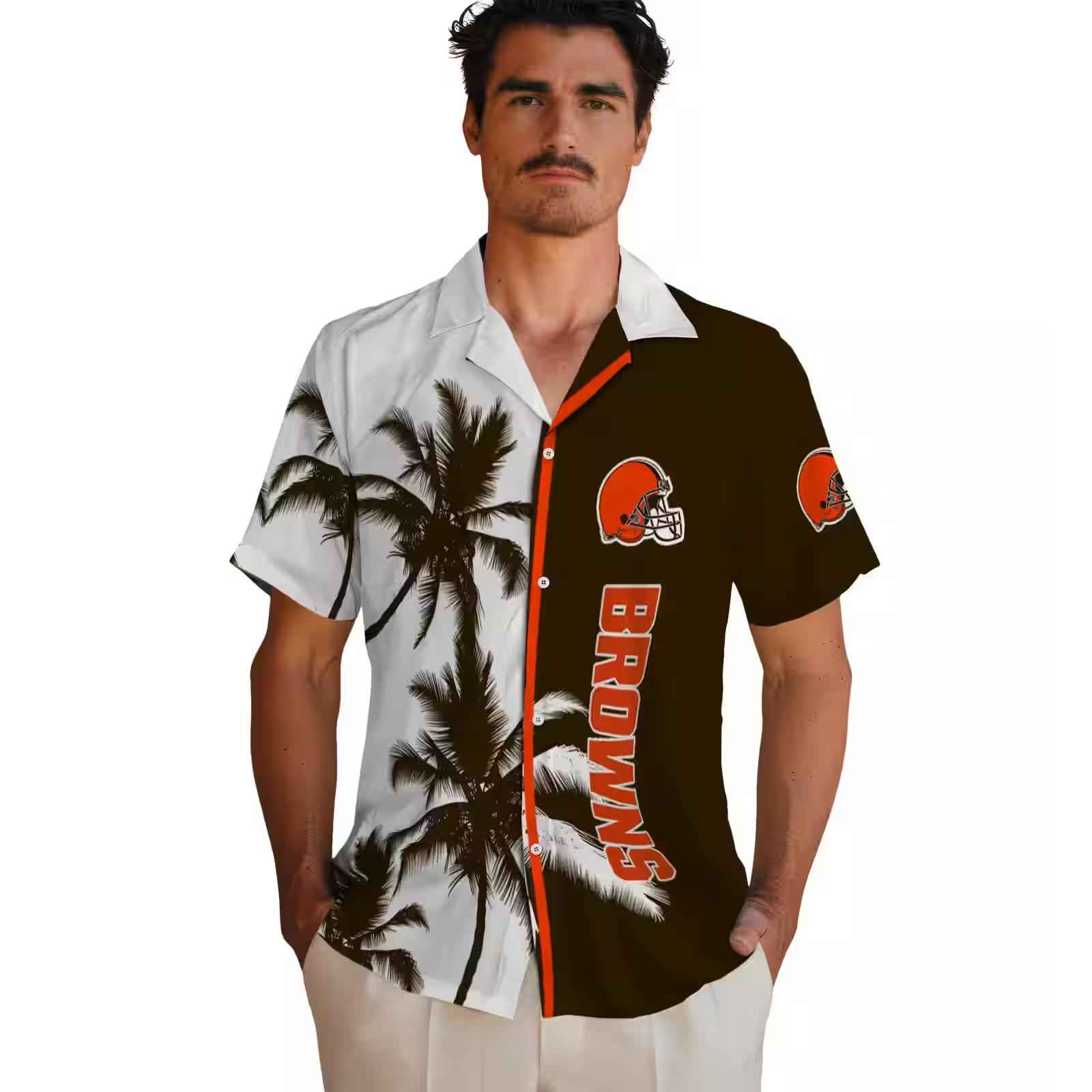 cleveland browns palm trees brown white hawaiian shirt fashion forward