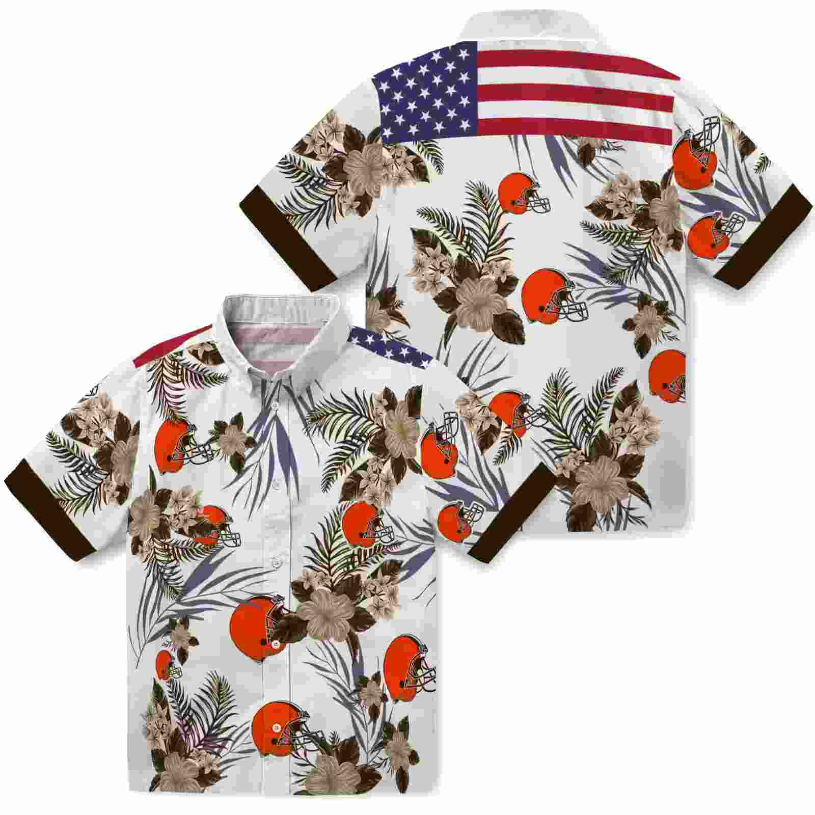 cleveland browns patriotic hibiscus design brown white hawaiian shirt high quality