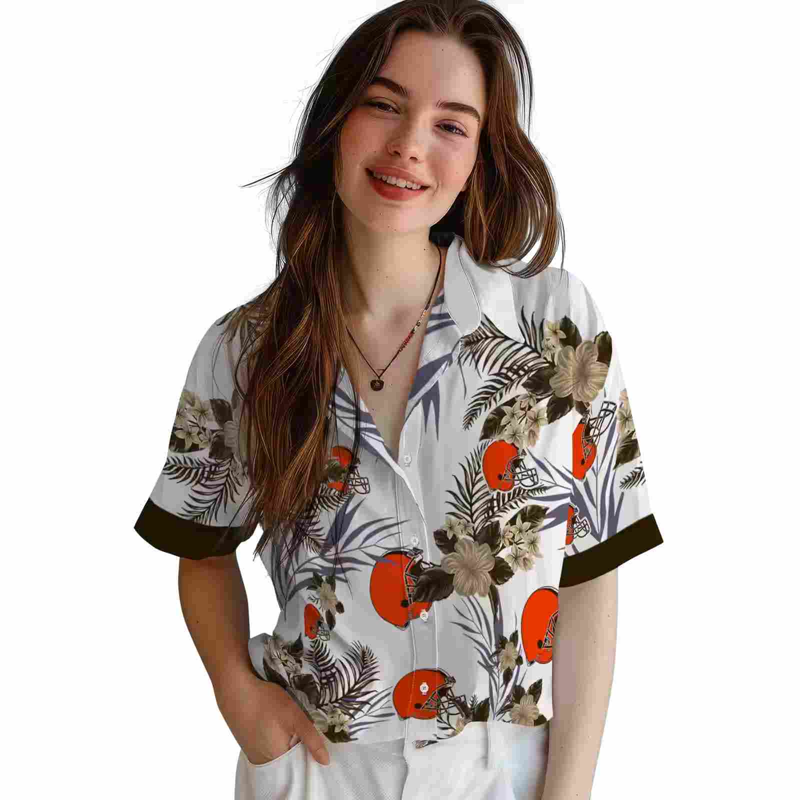 cleveland browns patriotic hibiscus design brown white hawaiian shirt latest model