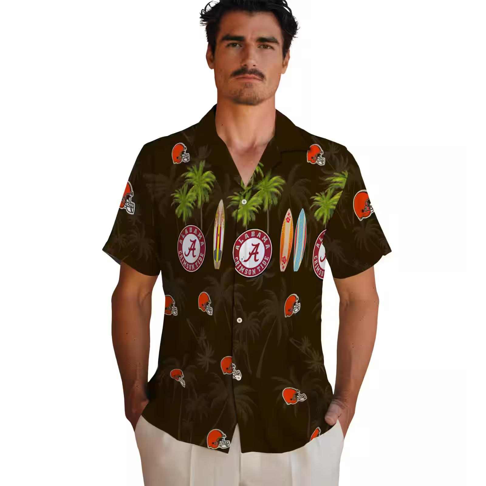 cleveland browns surfboard palm brown hawaiian shirt fashion forward