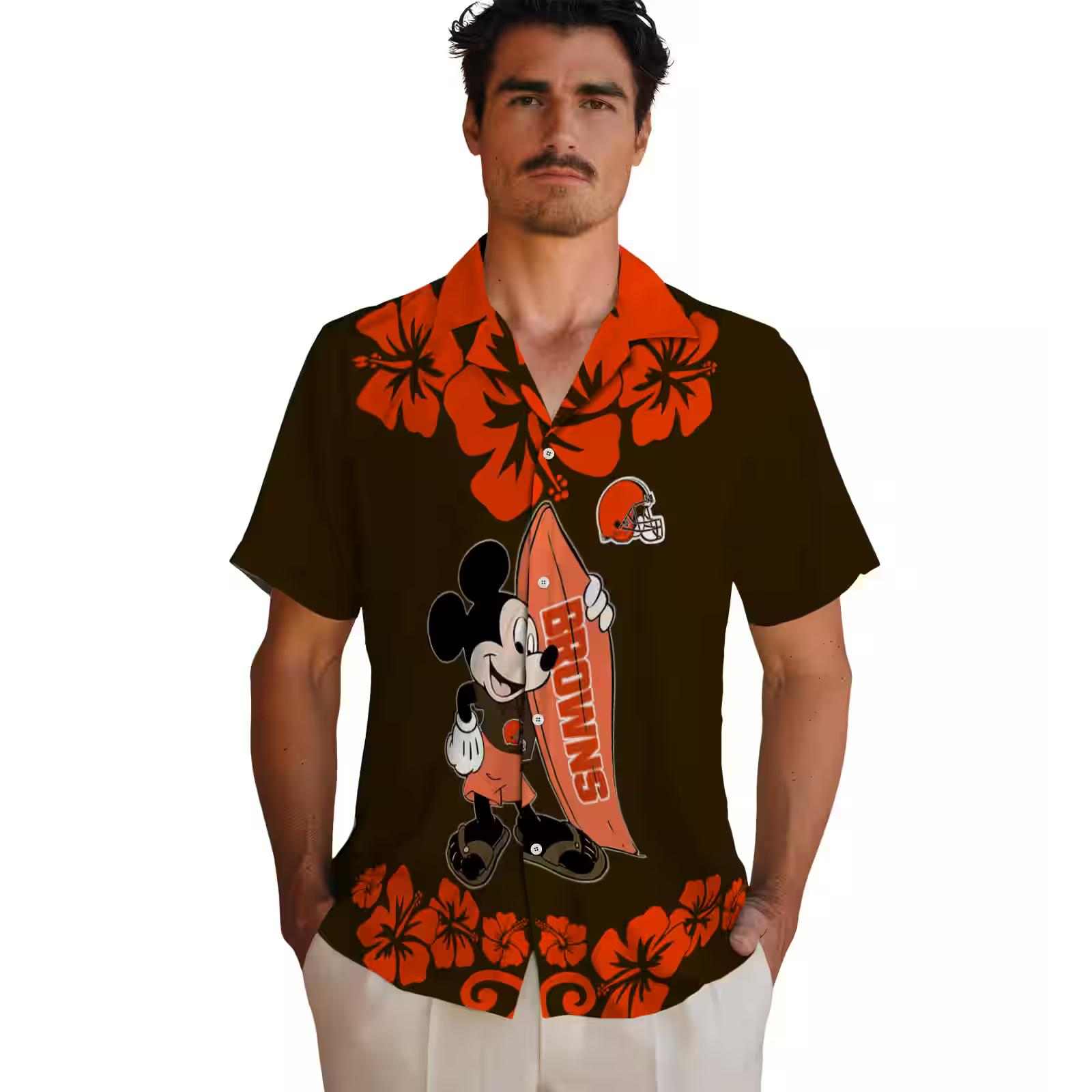 cleveland browns surfing mickey brown hawaiian shirt fashion forward