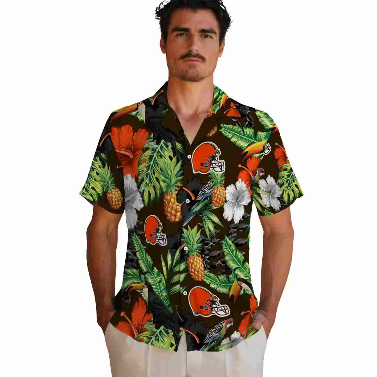 cleveland browns toucan hibiscus pineapple brown green hawaiian shirt fashion forward