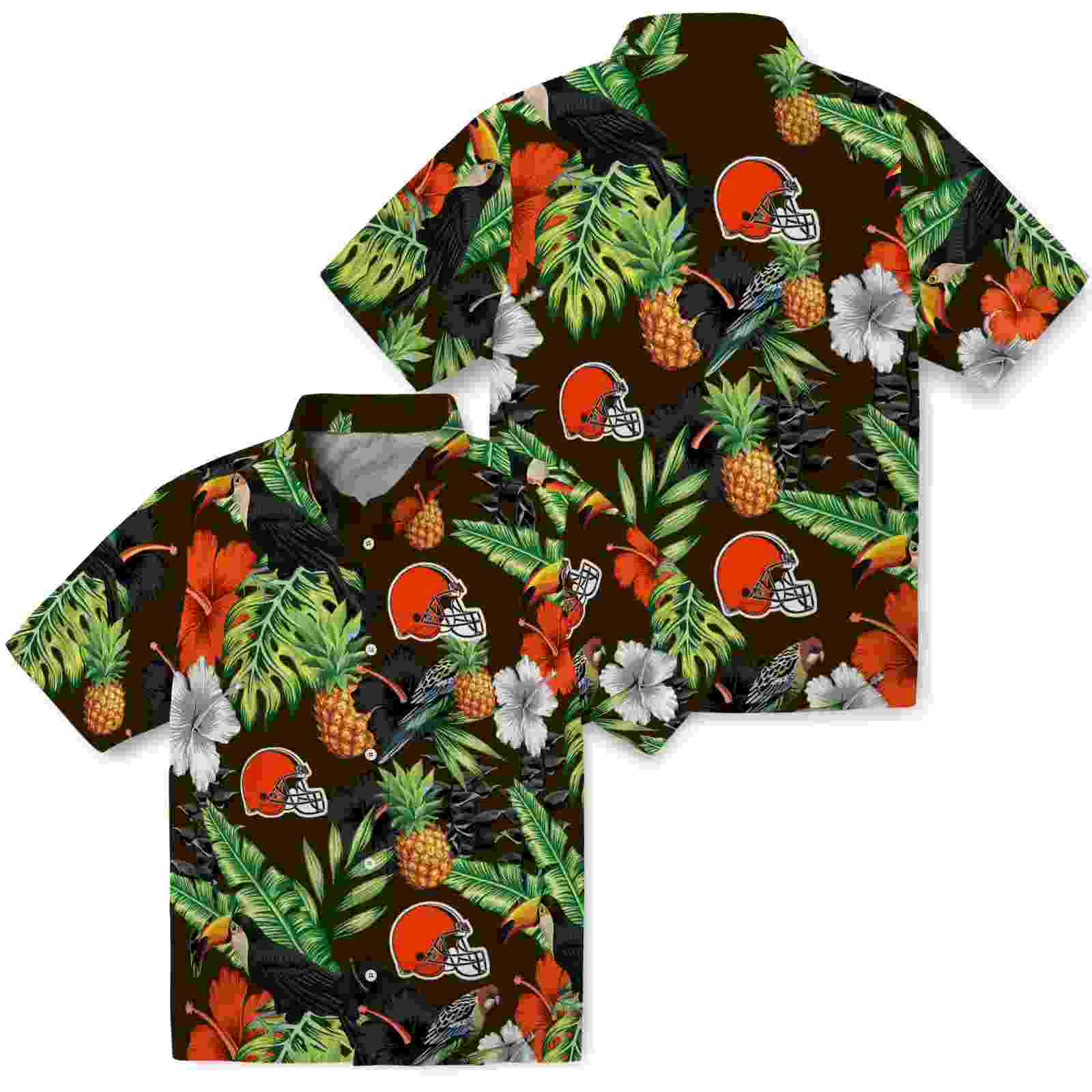 cleveland browns toucan hibiscus pineapple brown green hawaiian shirt high quality