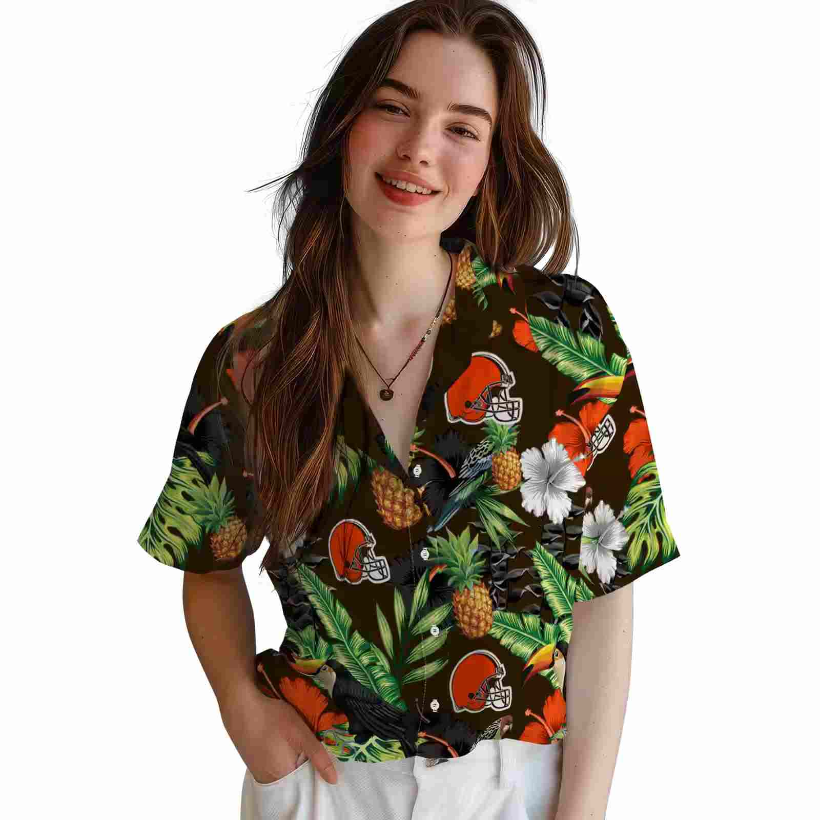 cleveland browns toucan hibiscus pineapple brown green hawaiian shirt latest model