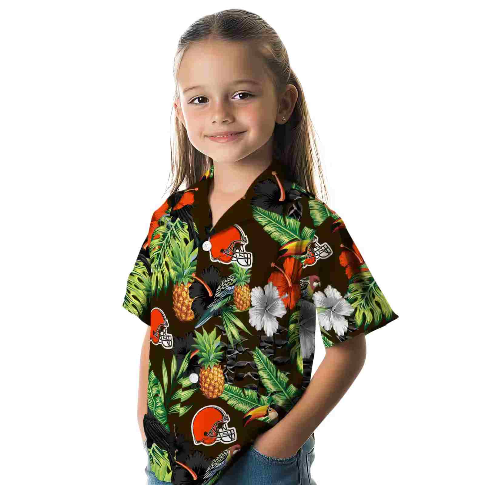 cleveland browns toucan hibiscus pineapple brown green hawaiian shirt premium grade