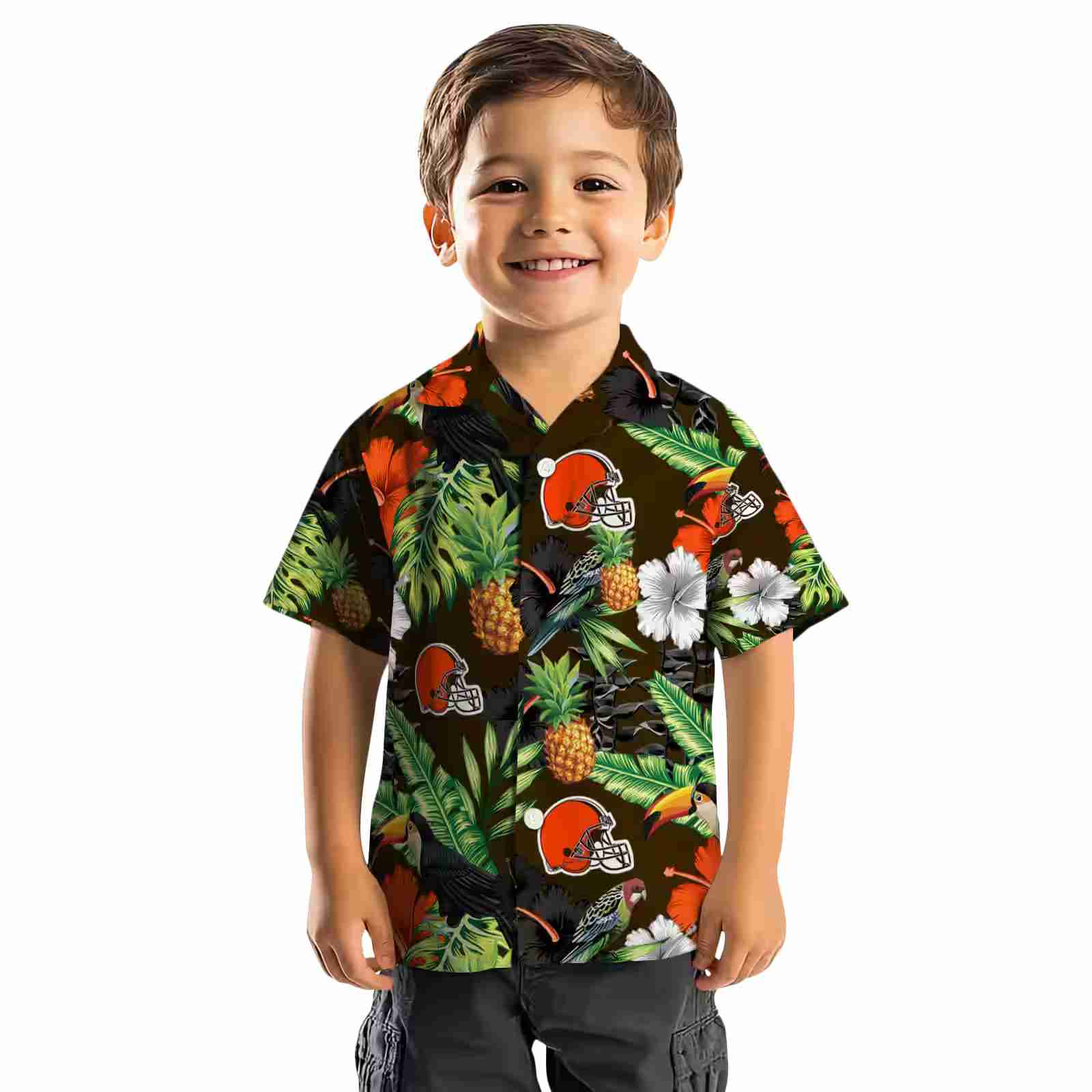 cleveland browns toucan hibiscus pineapple brown green hawaiian shirt top rated