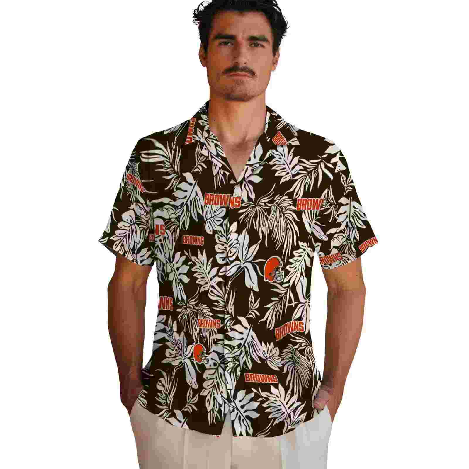 cleveland browns tropical leaf brown white hawaiian shirt fashion forward