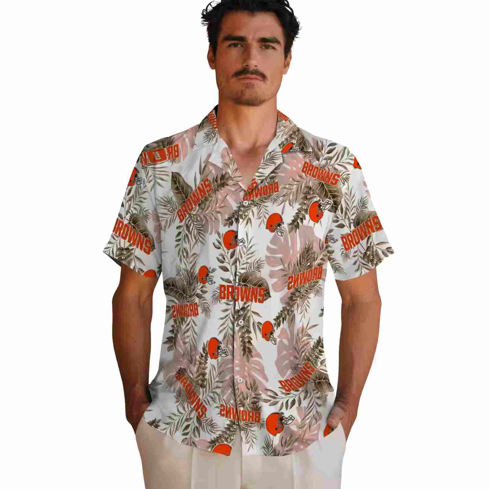 cleveland browns tropical leaves brown white hawaiian shirt fashion forward