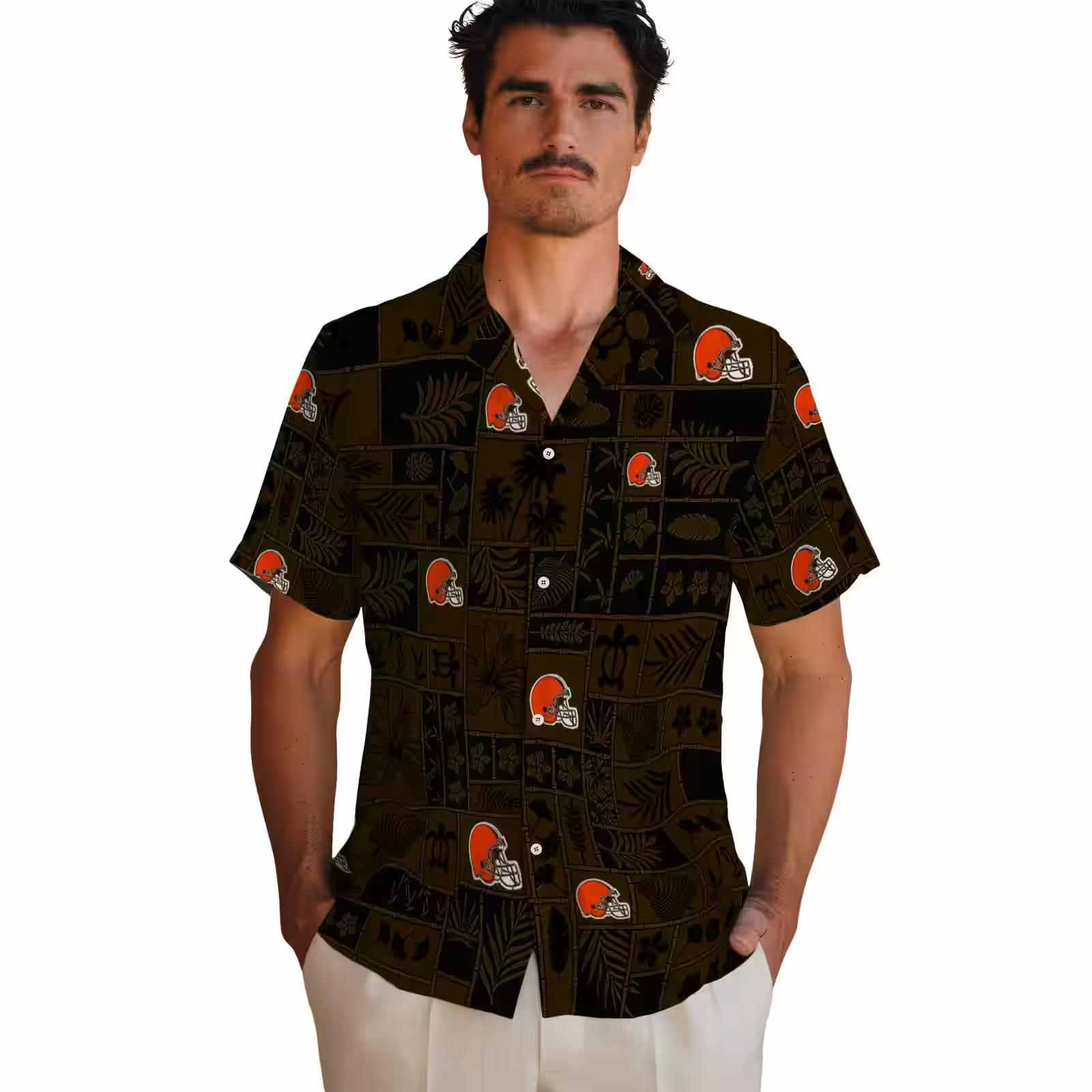 cleveland browns tropical patchwork brown black hawaiian shirt fashion forward