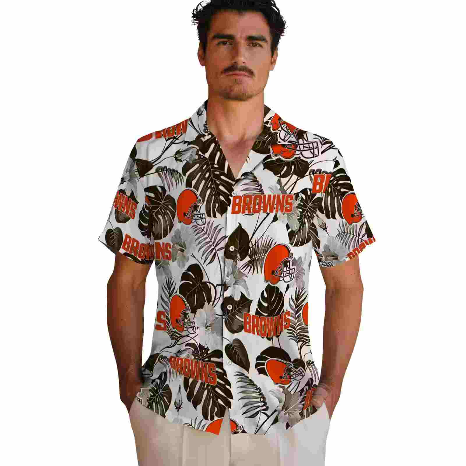 cleveland browns tropical plants brown white hawaiian shirt fashion forward