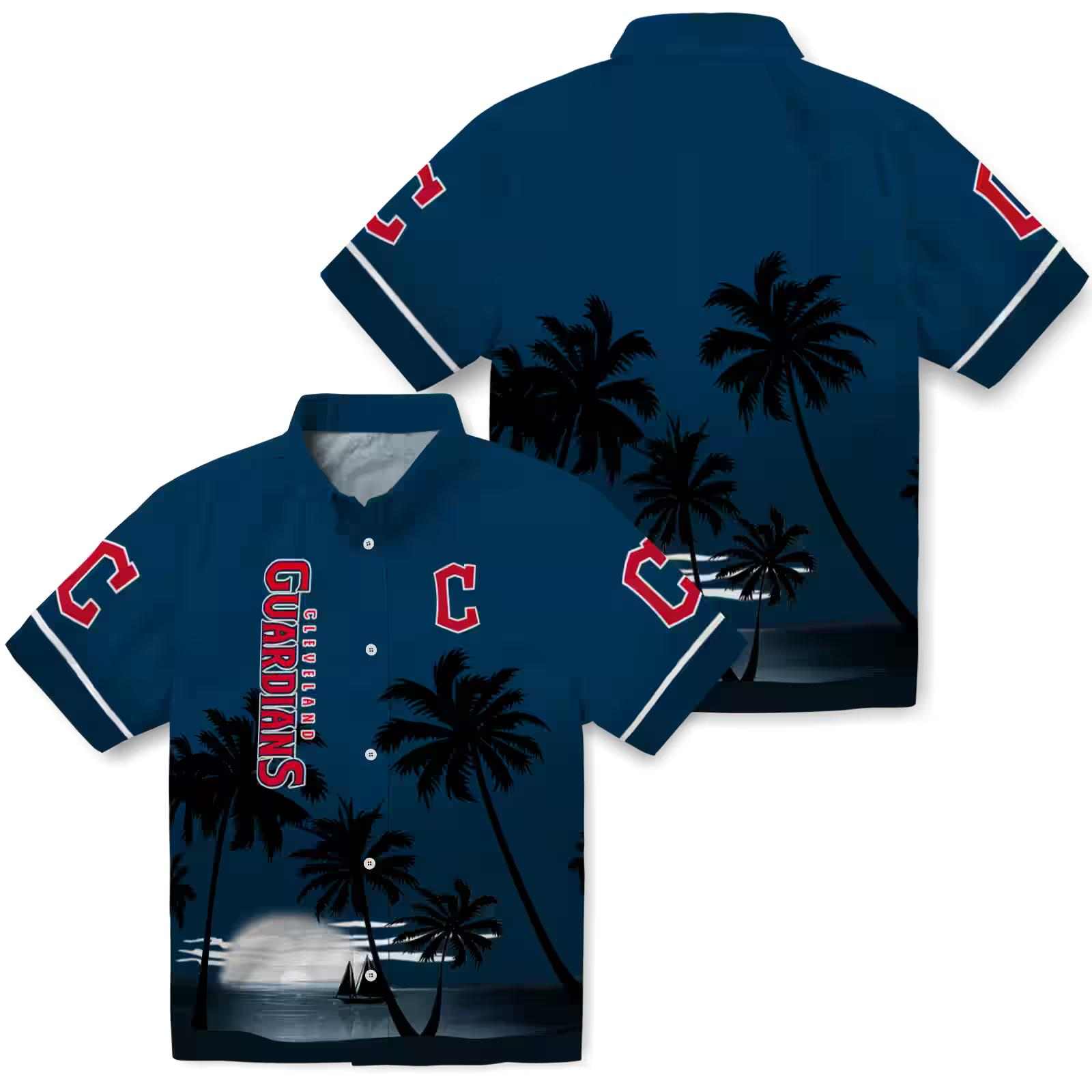 cleveland guardians beach sunset navy blue black hawaiian shirt high quality