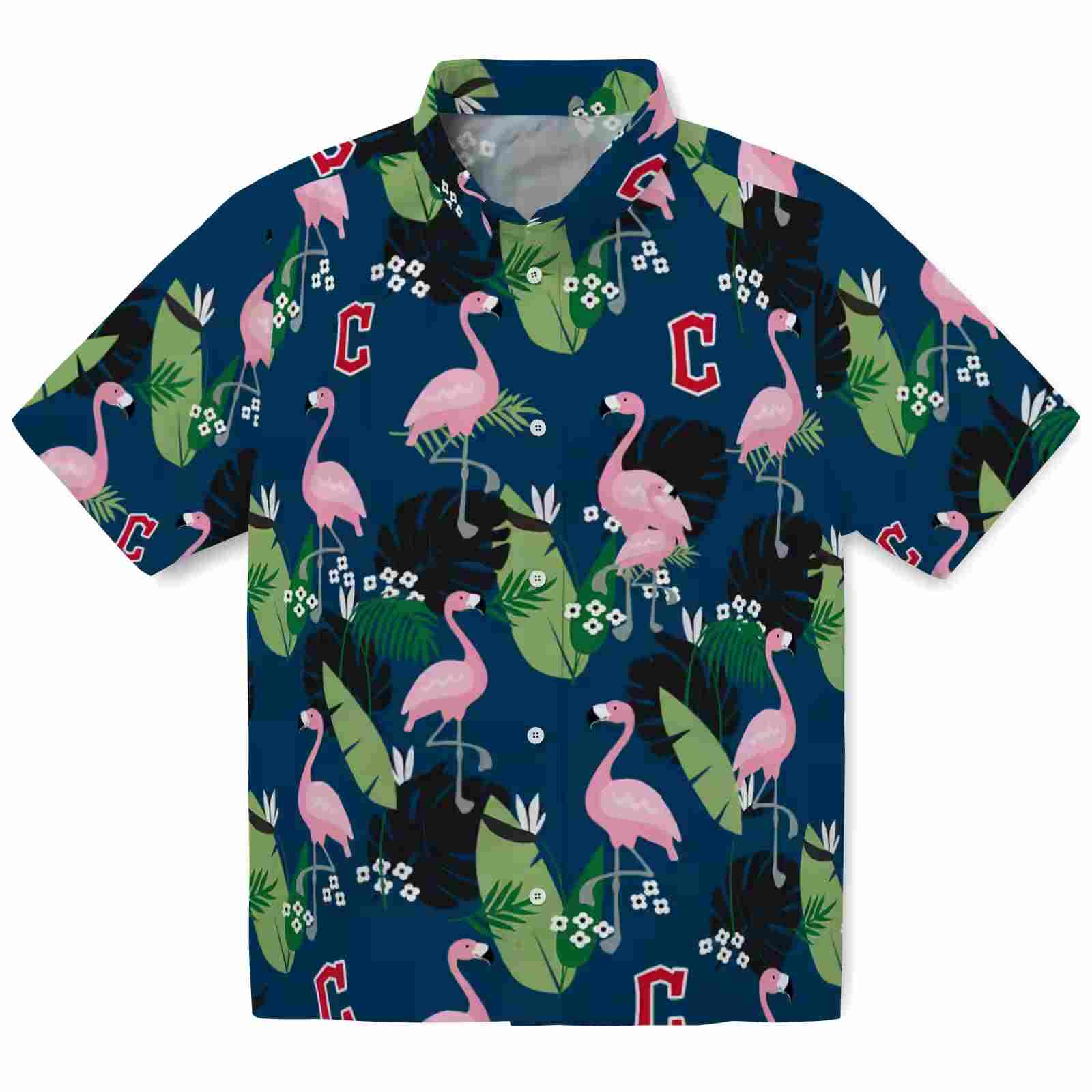 Cleveland Guardians Flamingo Leaf Motif Navy Blue Hawaiian Shirt