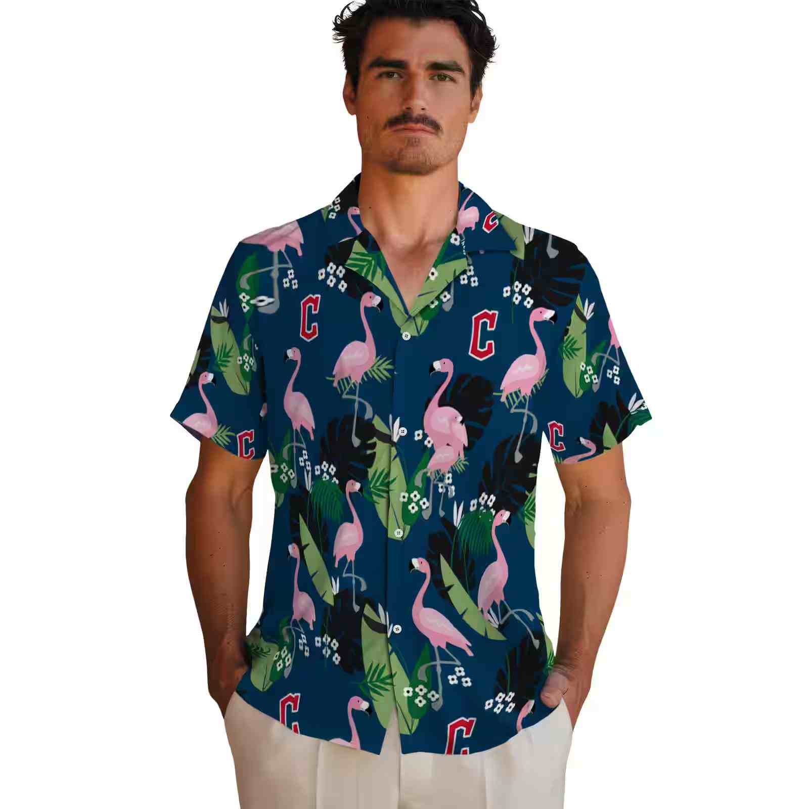 cleveland guardians flamingo leaf motif navy blue hawaiian shirt fashion forward