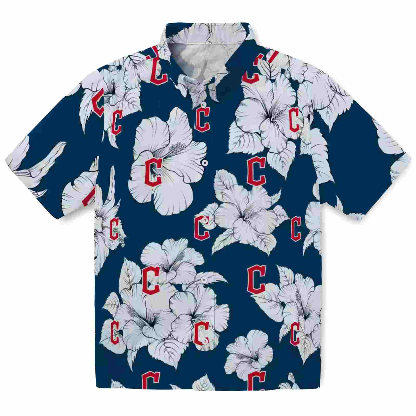 Cleveland Guardians Hibiscus Blooms Navy Blue White Hawaiian Shirt