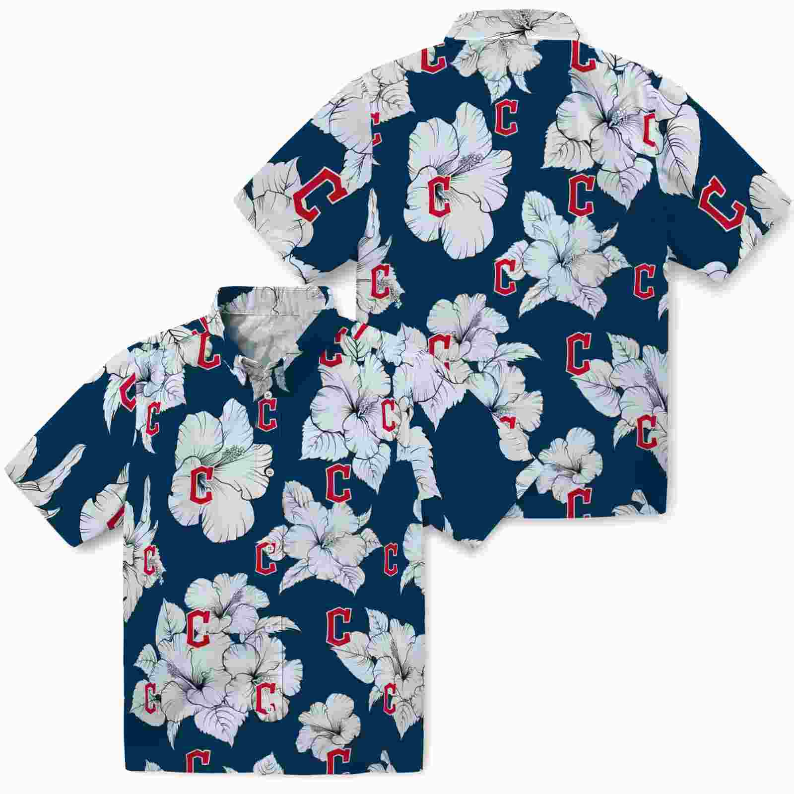 cleveland guardians hibiscus blooms navy blue white hawaiian shirt high quality