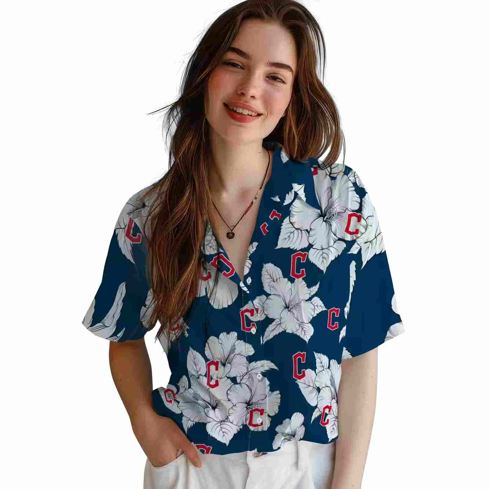 cleveland guardians hibiscus blooms navy blue white hawaiian shirt latest model