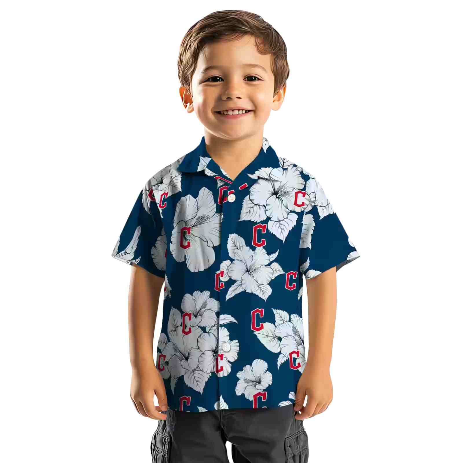 cleveland guardians hibiscus blooms navy blue white hawaiian shirt top rated